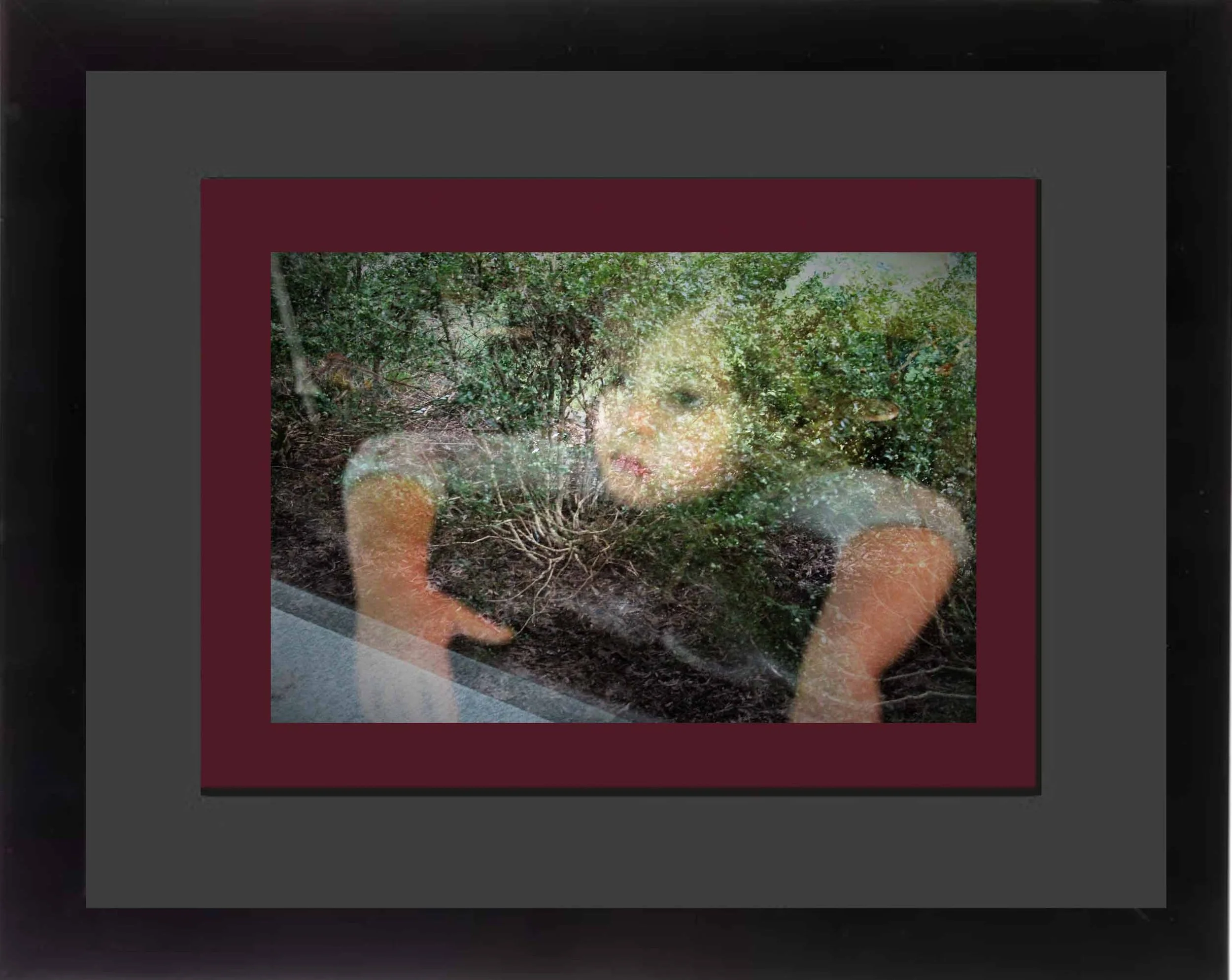 A digital image with multiple layered borders in gray, maroon, and black frames, showing a photo of a person with glasses looking through a window at a green, leafy outdoor scene with sunlight filtering through the trees.
