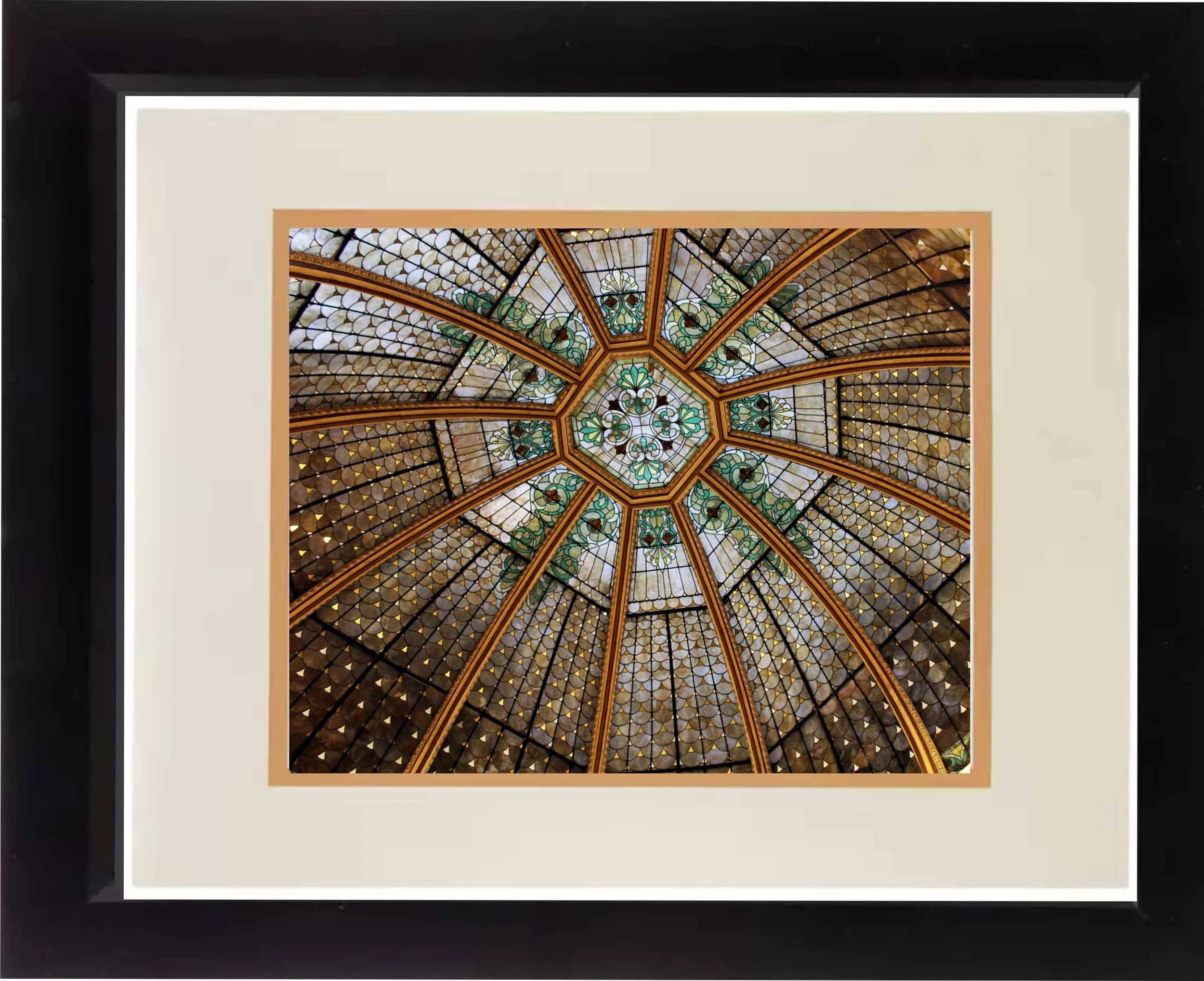 A stained glass ceiling with intricate patterns and floral designs, viewed from below.