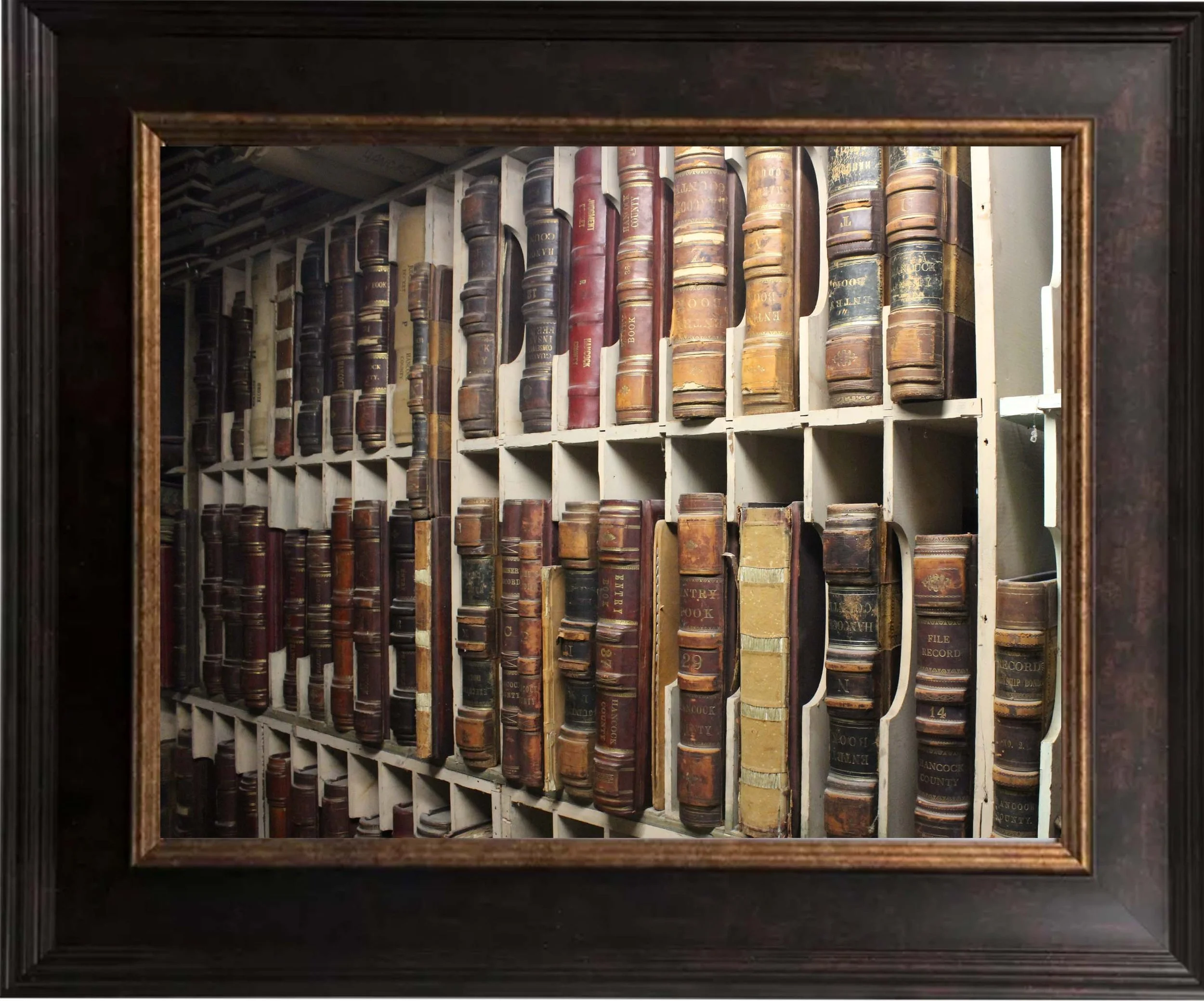 A framed image of a wall of old books stored in small white cubbies.
