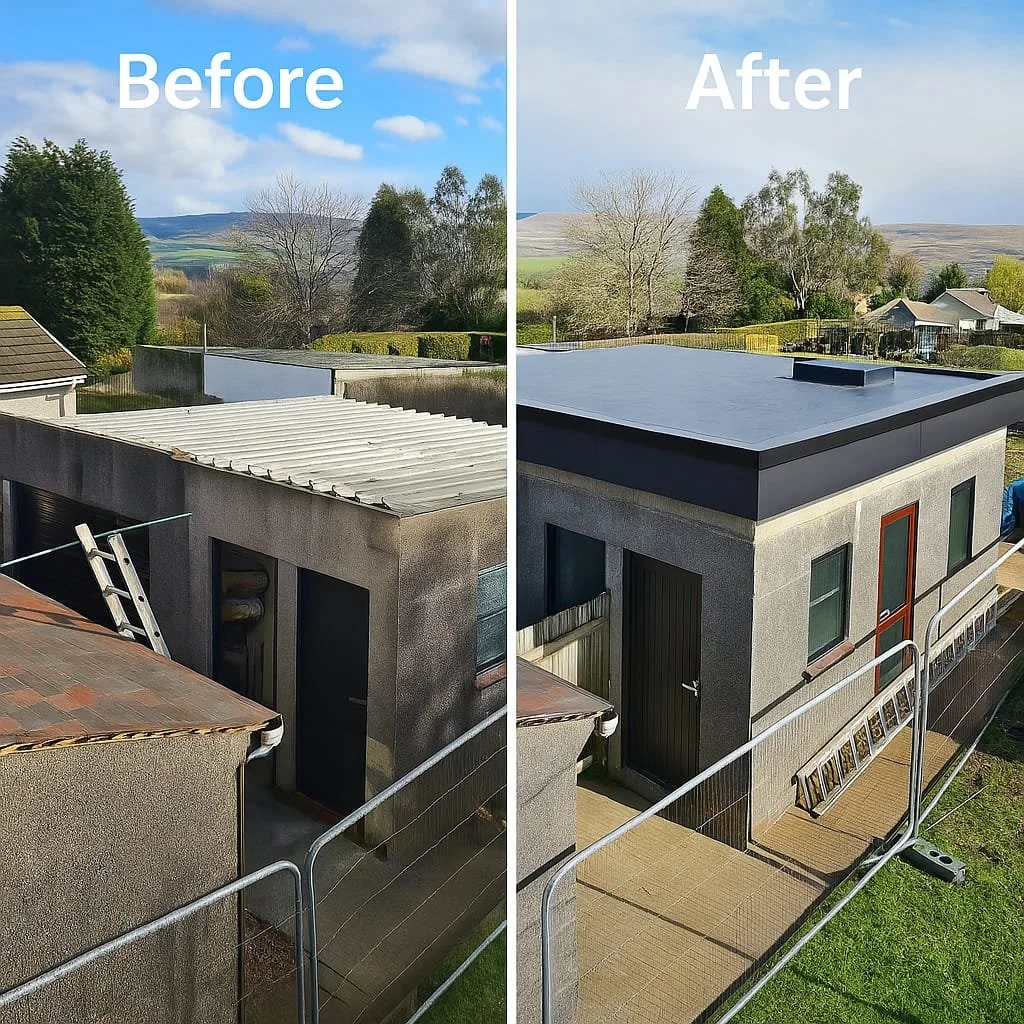 Before and after comparison of a garage roof replacement by TrueFix. The old corrugated roof is shown on the left, and the new modern flat roof is shown on the right.