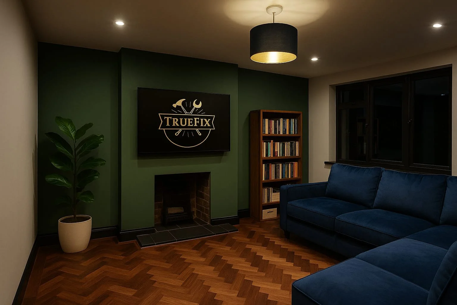 A stylish living room with a dark green feature wall, herringbone flooring, and a wall-mounted TV displaying the TrueFix logo. The space features a navy velvet sofa, wooden bookshelf, potted plant, and warm ambient lighting, creating a modern and coz