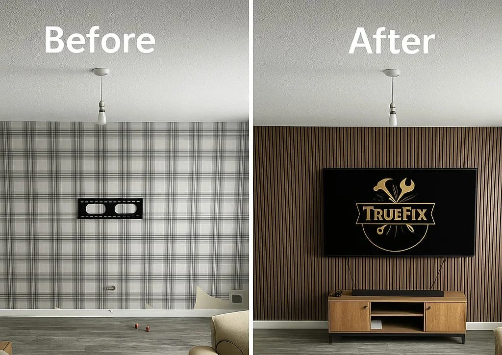 Before, the living room featured a plaid wallpaper accent wall. After, the wall was transformed with modern wooden slat panelling, a mounted flat-screen TV, and a stylish media unit, creating a sleek and contemporary focal point in the room.