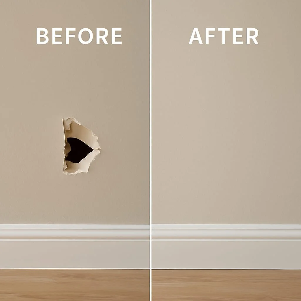 Comparison of a beige wall before and after a hole was repaired, with 'Before' labeled on the damaged side and 'After' on the repaired side.