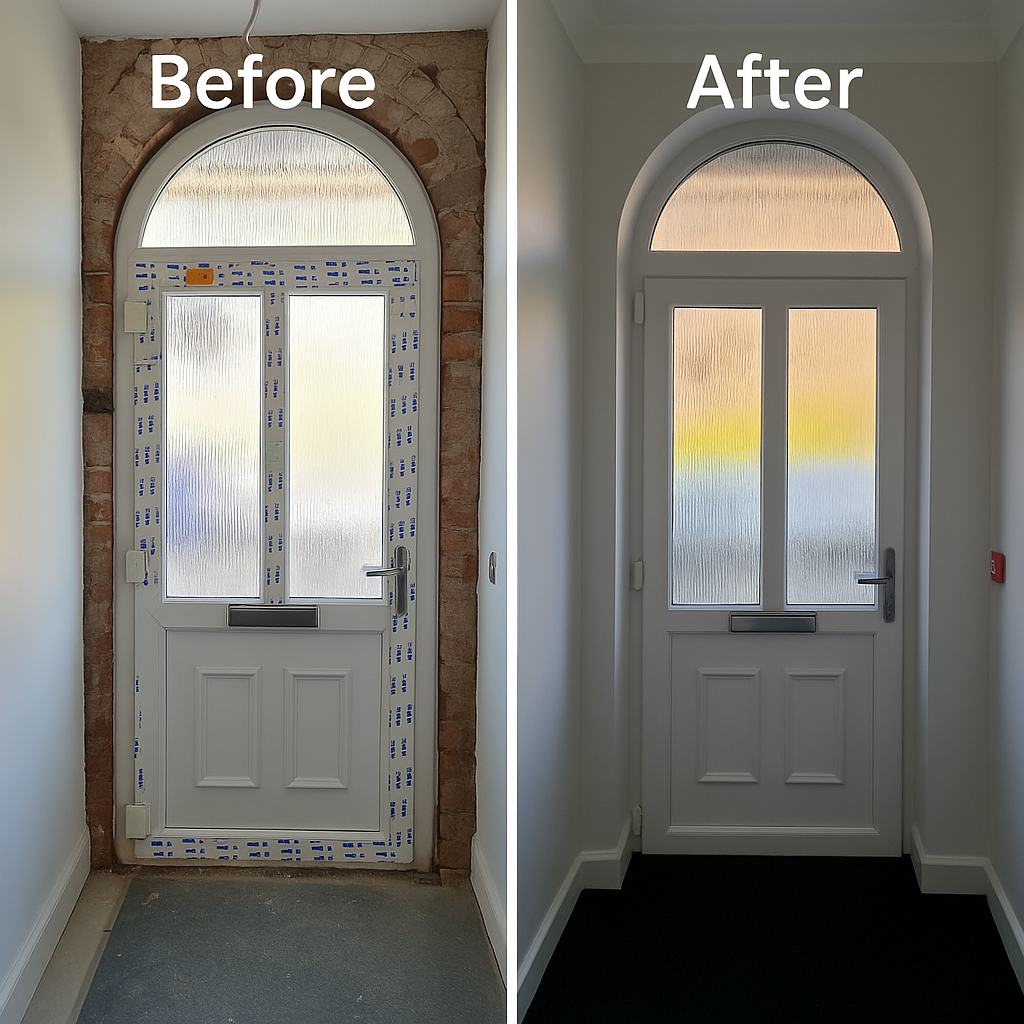 Before and after of a front door transformation. The first image shows the doorway with exposed brick and unfinished edges. The second image reveals the completed renovation with smooth plastered walls and a clean, modern finish around the white uPVC