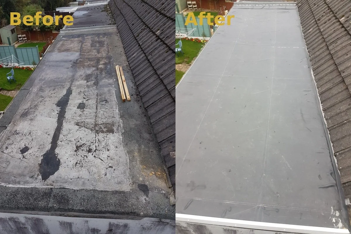 Before and after of a flat roof replacement by TrueFix in Tycroes. The "Before" photo shows an old, worn flat roof with cracks, water damage, and patch repairs. The "After" photo reveals a brand new flat roof with a smooth, durable finish, providing