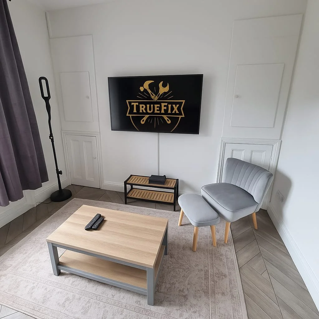 Living room setup with a wall-mounted TV displaying the TrueFix logo, neatly managed cables, modern furniture, and a clean professional finish.