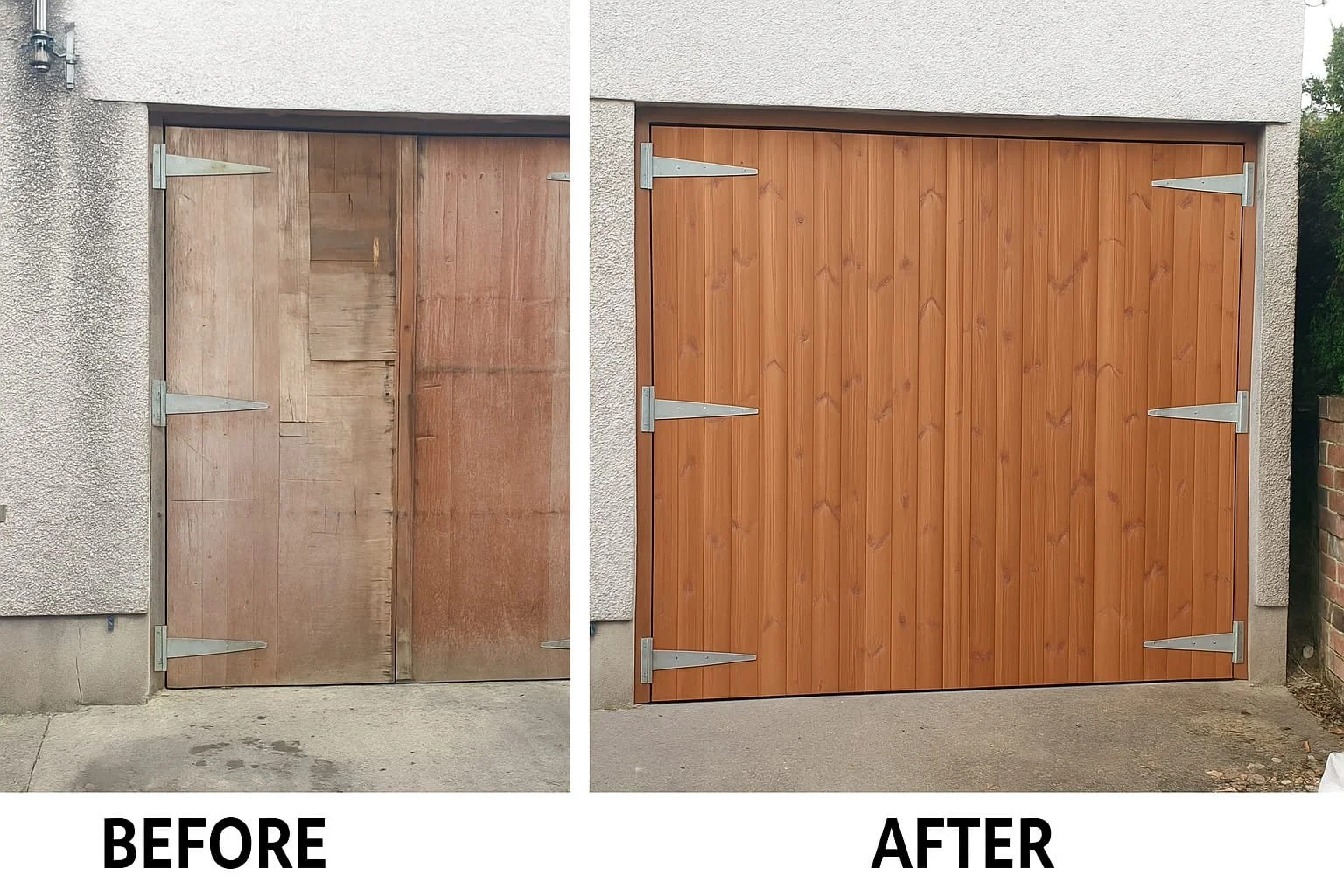 Before and after of a garage door replacement by TrueFix. The "Before" photo shows an old, worn timber garage door with visible damage and uneven panels. The "After" photo reveals a brand new wooden-style garage door with a smooth finish and secure m