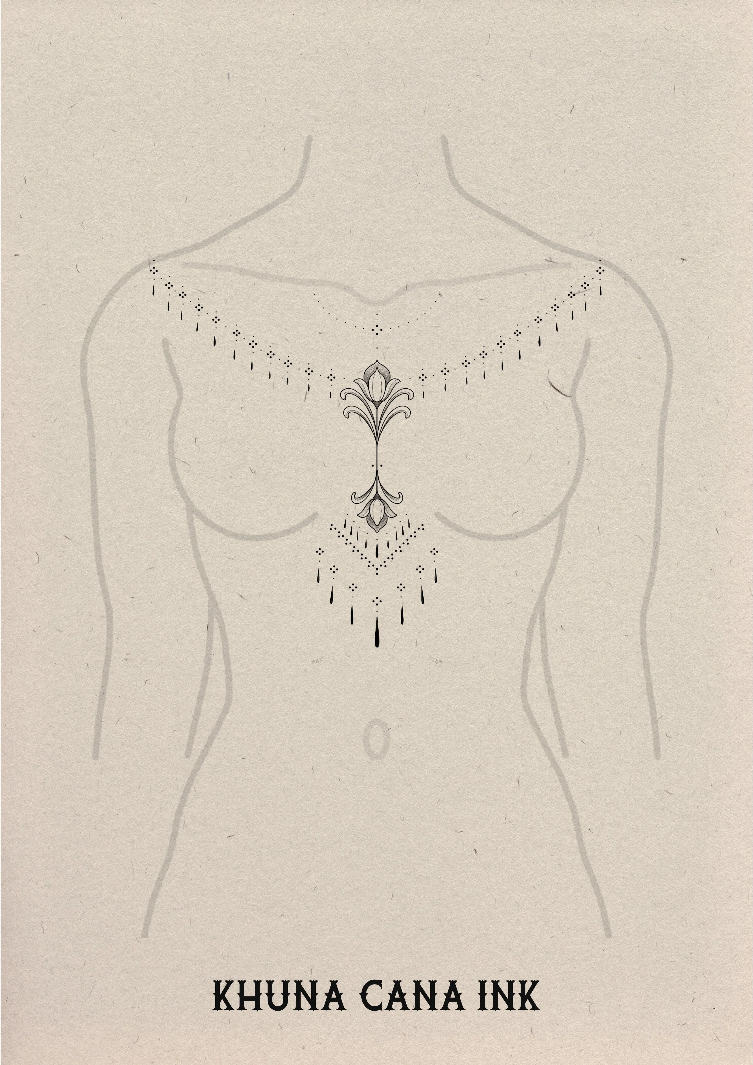 Minimalistische illustratie van een vrouwenlichaam met een sierlijke tatoeage op de borst en buik, met de tekst 'KHUNA CANA INK' onderaan.