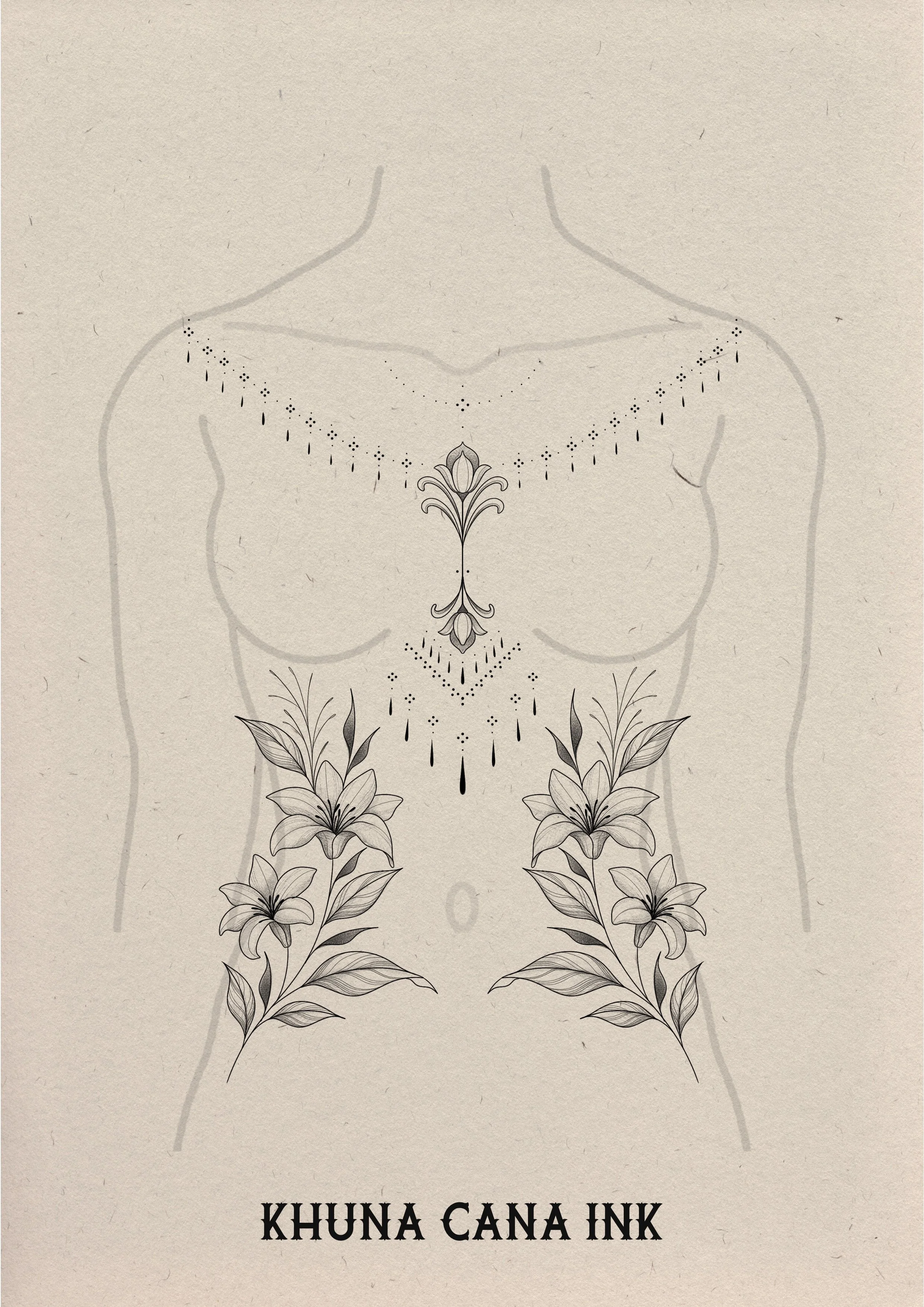 Tatoeage-ontwerp met bloemen, decoratieve lijnen en stippen op de torso van een vrouw, met de tekst 'Khuna Cana Ink' onderaan.