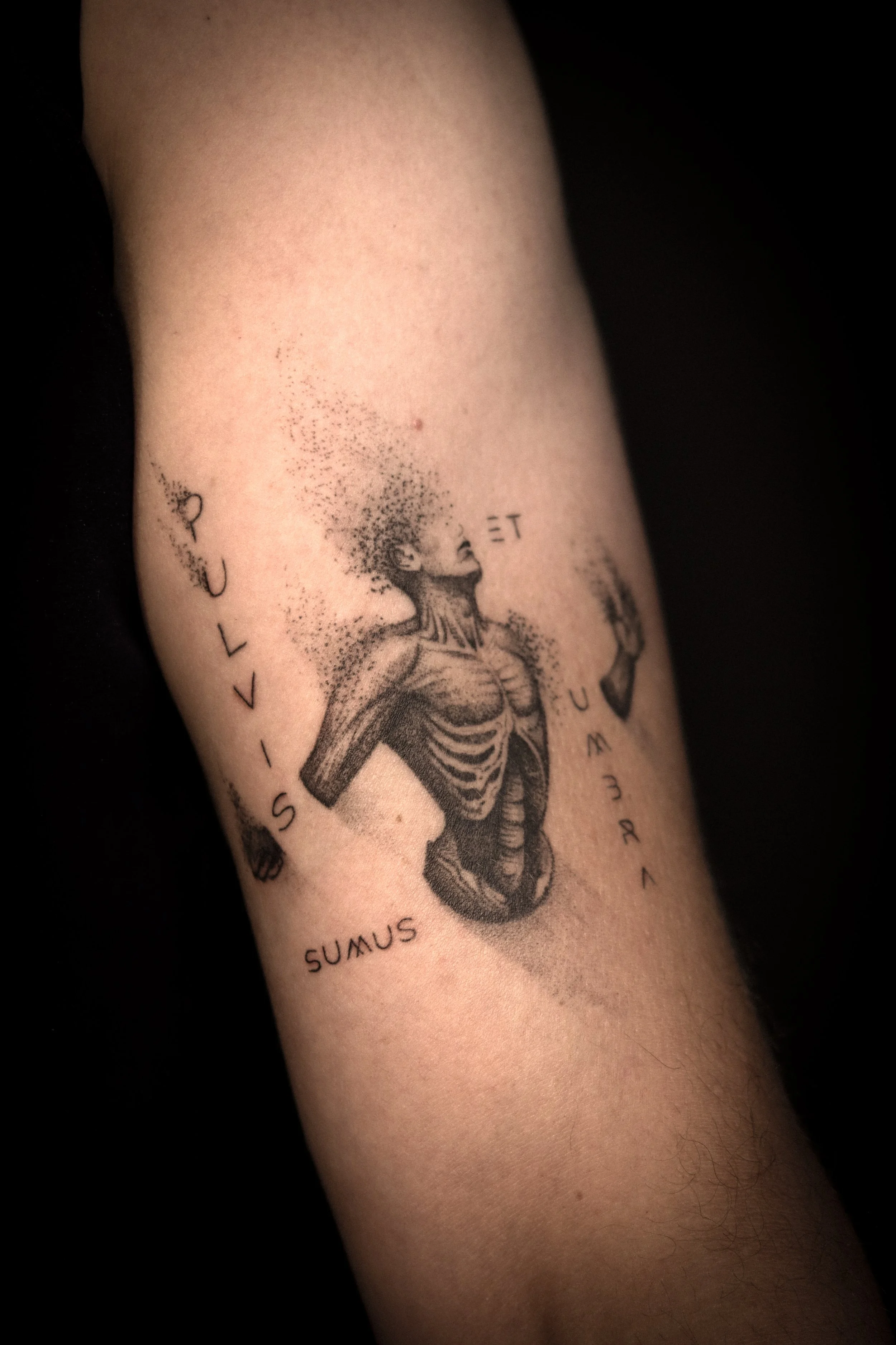 Tattoo van een menselijke torso en hoofd, met woorden 'sublimis' en 'te'.