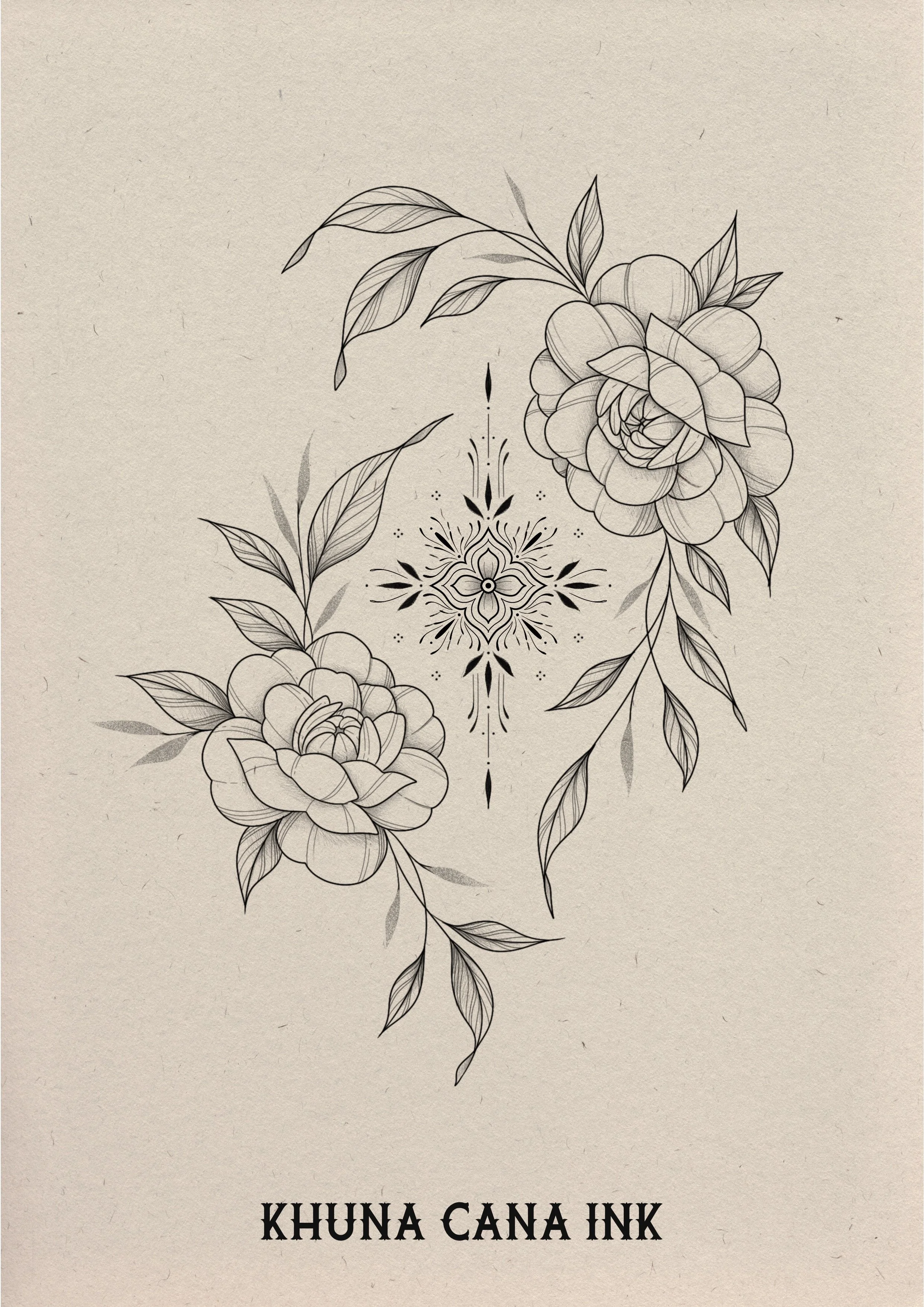 Zwart-witte tekening van twee bloemen met bladeren en een decoratief motief in het midden, onder de tekst 'KHUNA CANA INK'.