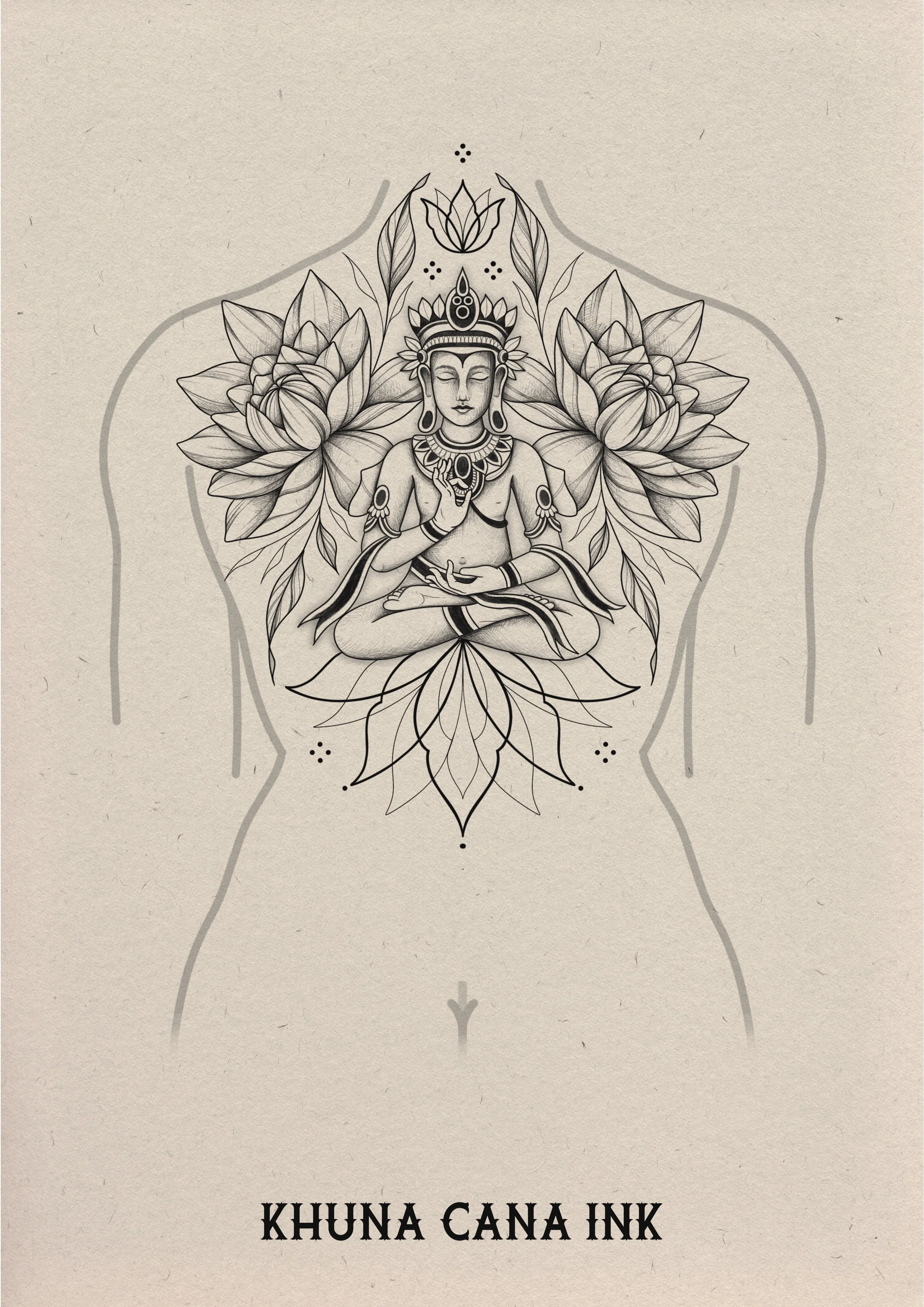 Een zwart-wit schets van een mediterend persoon met lotusbloemen en sieraden, omgeven door een lijntekening van een menselijk lichaam, en de tekst 'KHUNA CANA INK' onderaan.