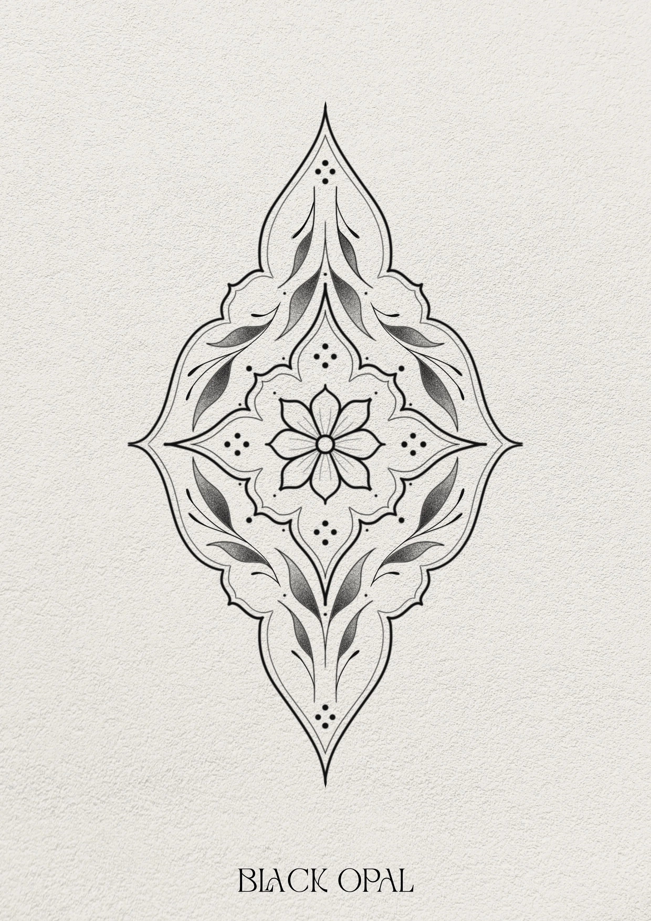Een zwart-wit mandala-achtig patroon met bloemmotieven op een beige achtergrond, onder de tekst 'KHUNA CANA INK'.