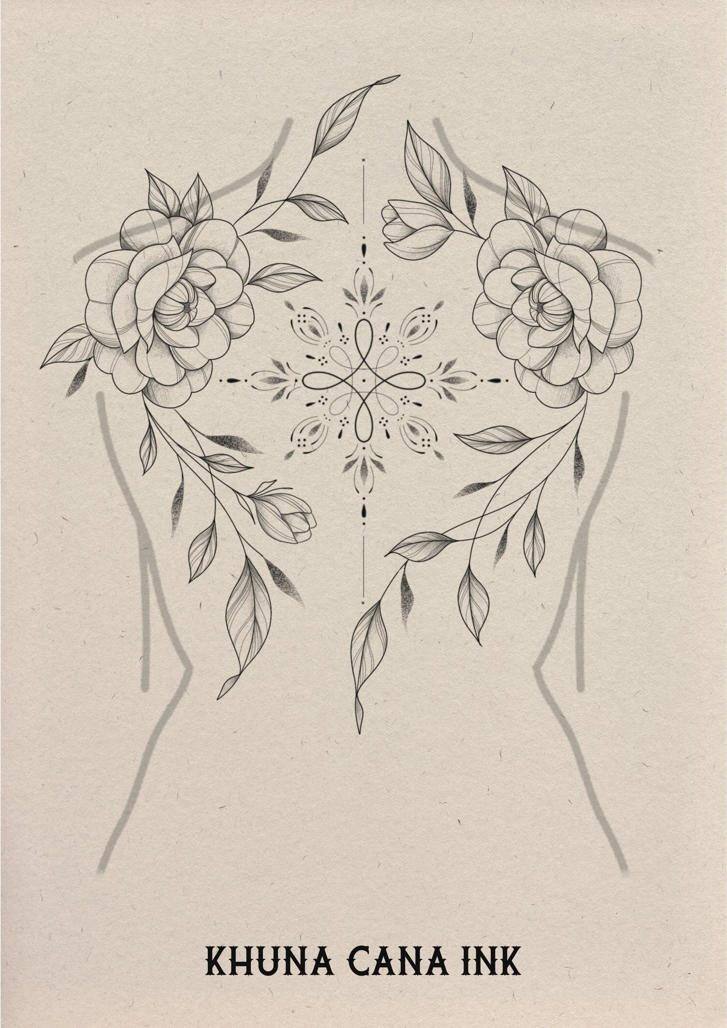 Zwart-wit illustratie van twee handen met fundamentele lijnen en bloemen, met de tekst 'Khuna Cana Ink' onderaan.