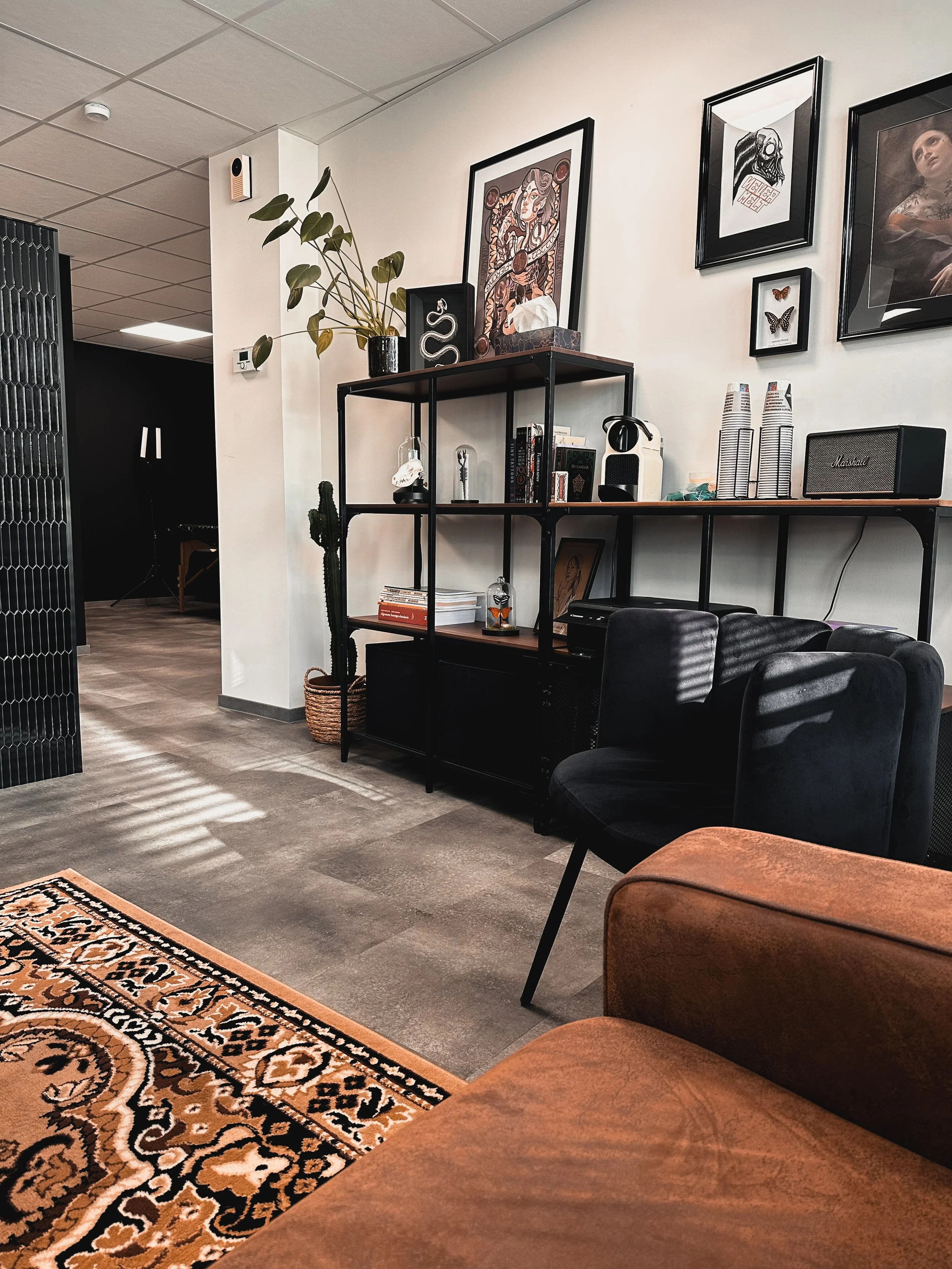 Interieur van een woonkamer of gemeenschappelijke ruimte met een zwart metalen boekenkast, wanddecoraties, planten, fauteuils en een tapijt.