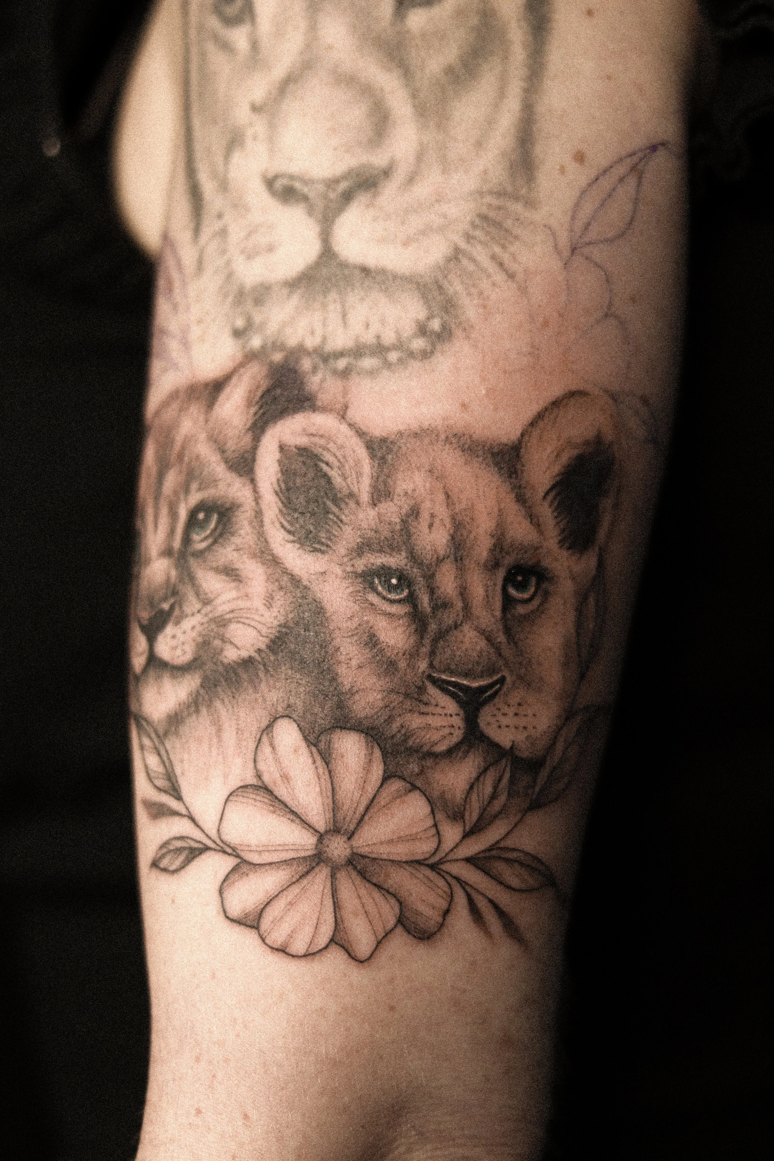 Tatoeage van een leeuwenkop, een leeuwenwelp en een tijgerkop, omlijst door bloemen en bladeren.