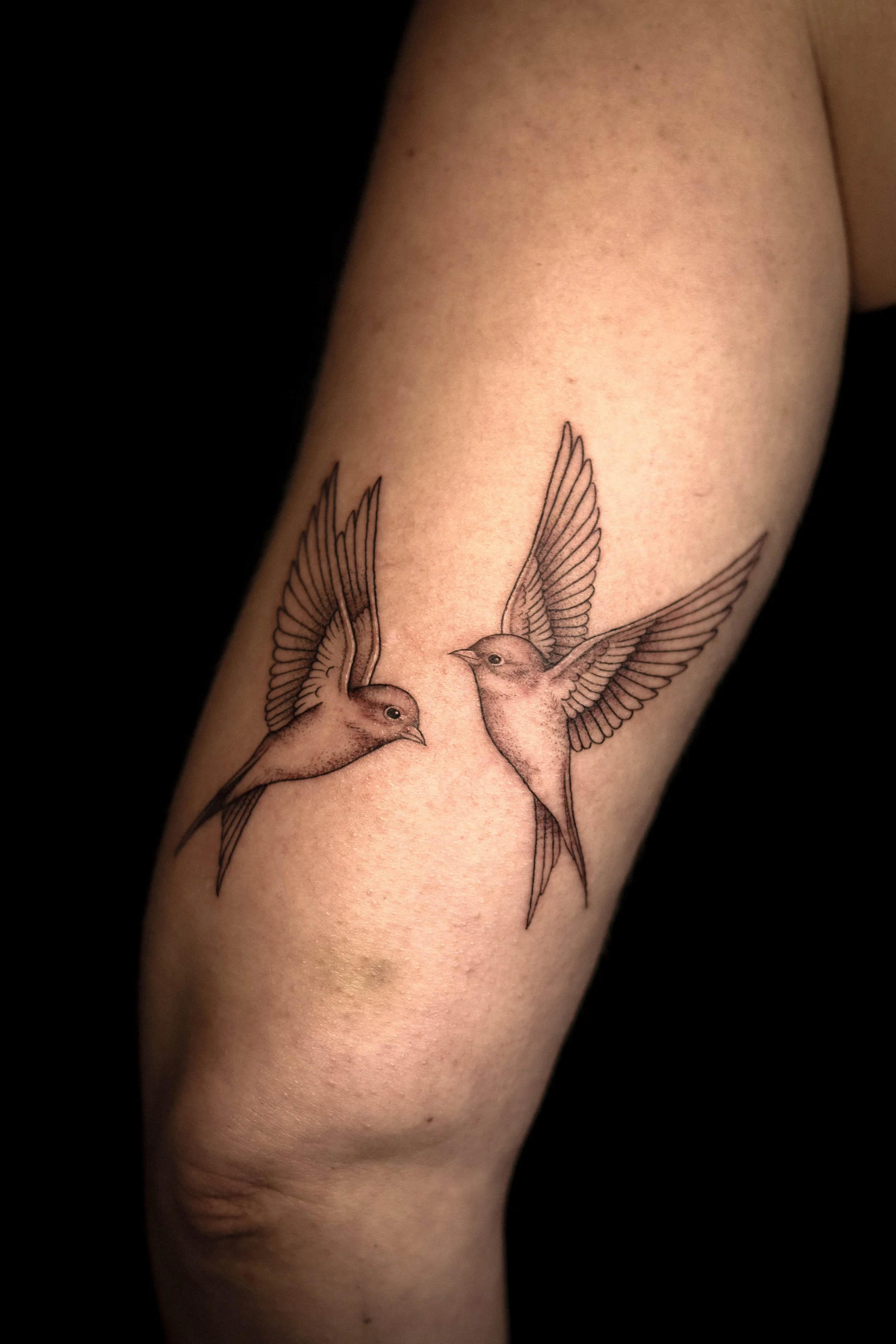 Tatoeage van twee vogels in vlucht op een arm.