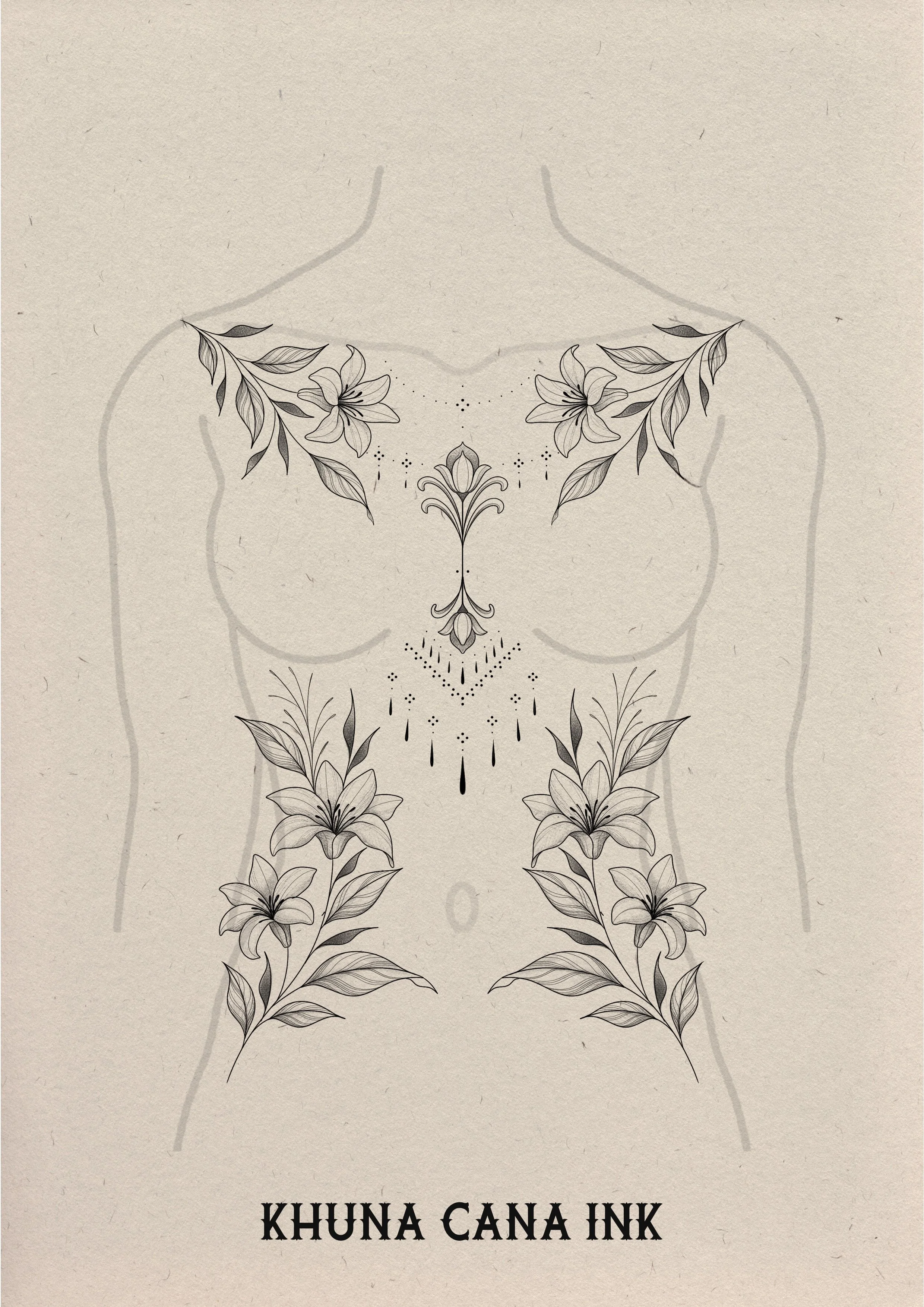 Tattoo-ontwerp van bloemen en bladeren op een menselijke romp met de tekst 'Khuna Cana Ink' onderaan.
