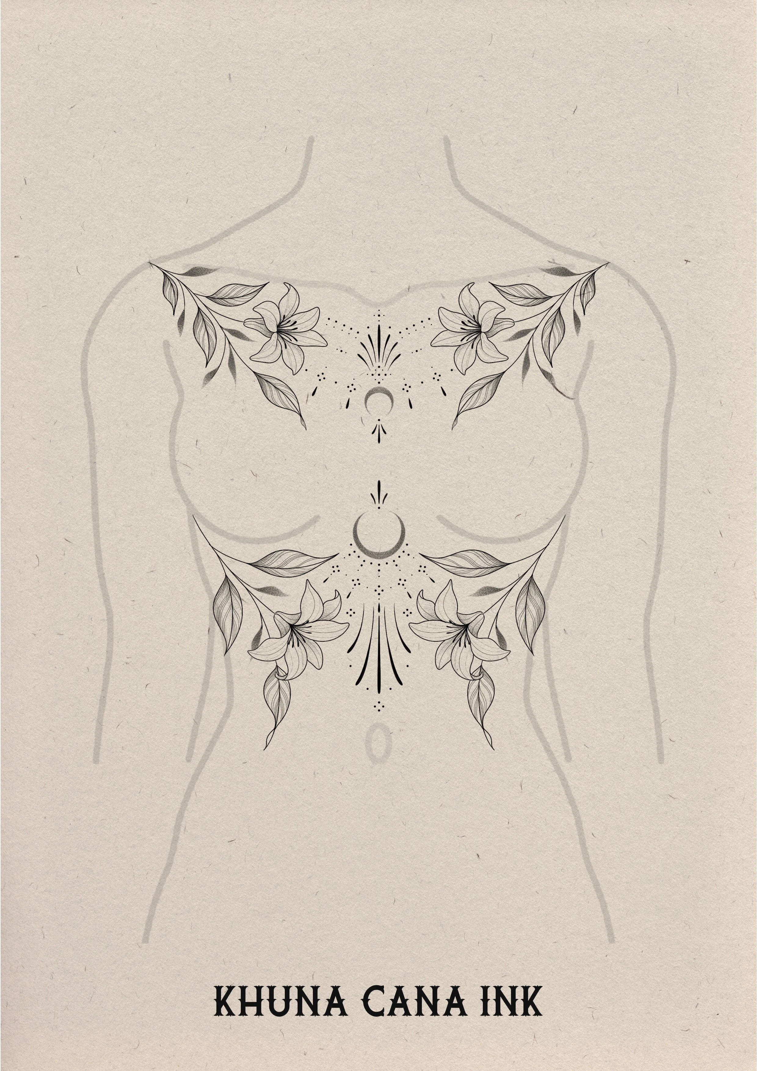 Illustratie van een vrouwenlichaam met bloem- en maanskraalpatronen, ondertitel 'KHUNA CANA INK'.
