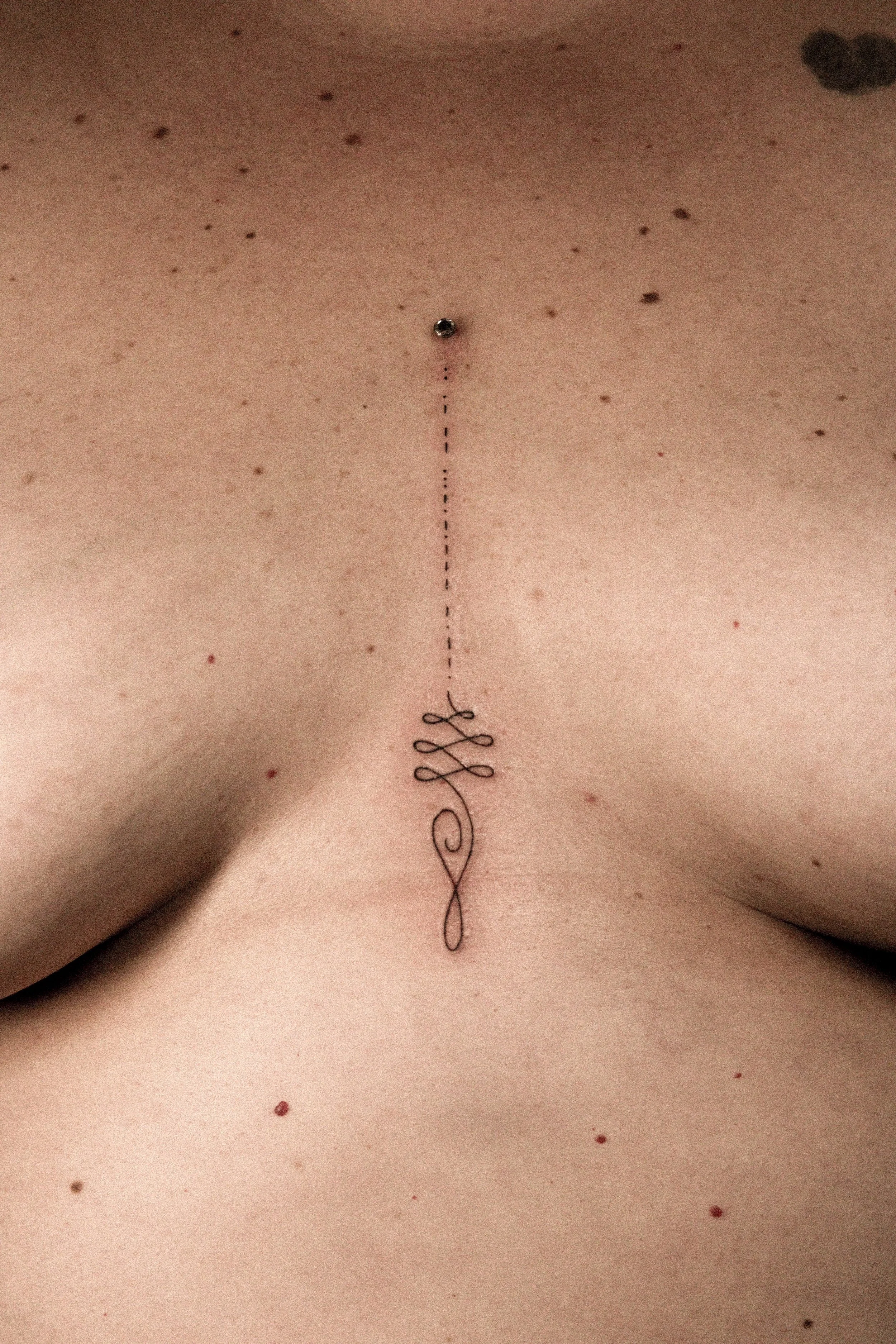 Close-up van een lichaam met een borstpier, een navelpiercing, en een tatoeage die zich uitstrekt van de navel naar de onderbuik.