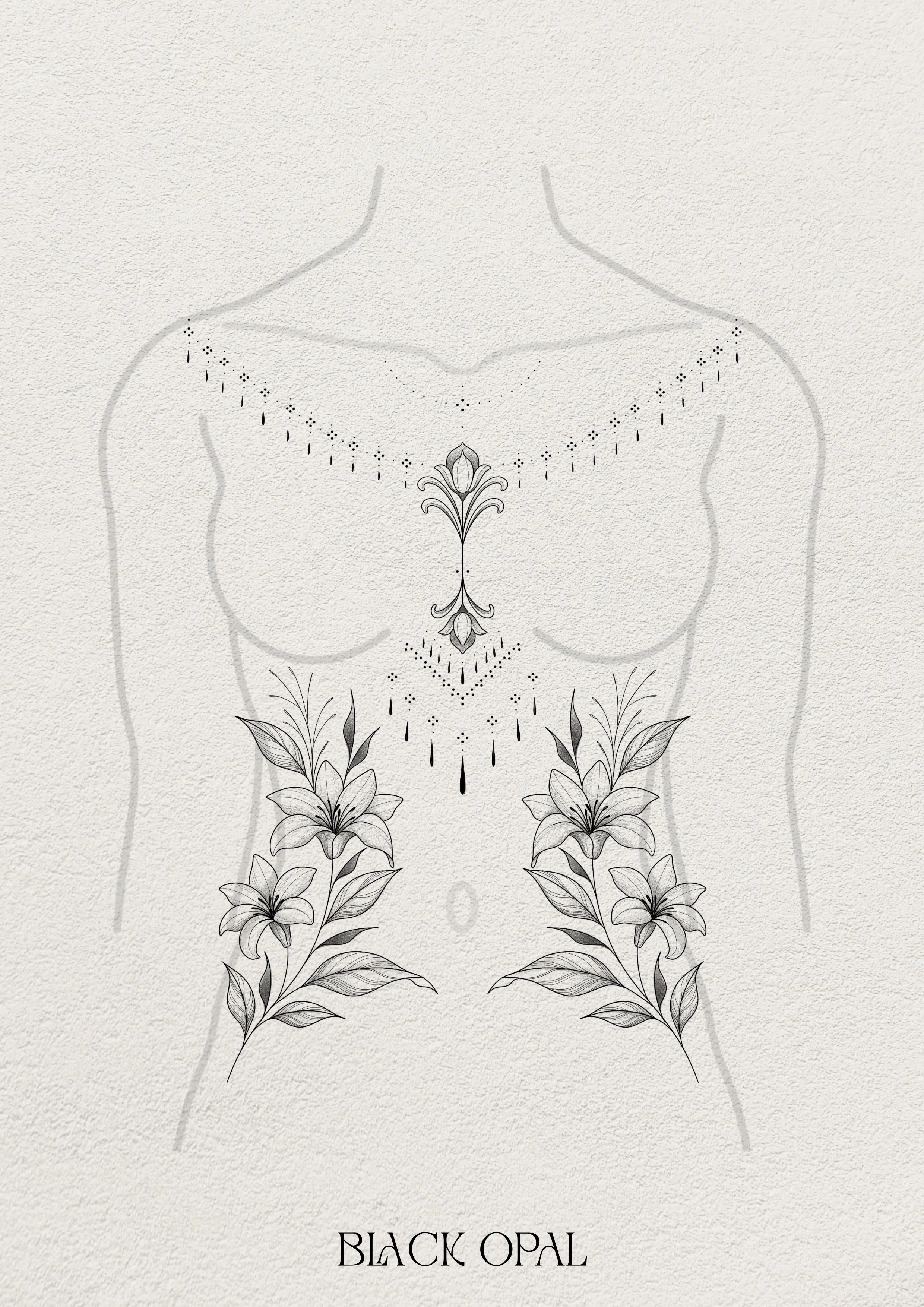 Tatoeage-ontwerp met bloemen, decoratieve lijnen en stippen op de torso van een vrouw, met de tekst 'Khuna Cana Ink' onderaan.