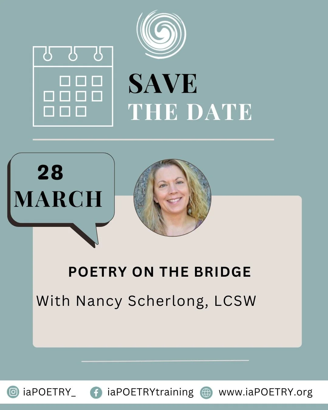 Join us for an upcoming Poetry on the Bridge workshop with Nancy Scherlong, LCSW. (@changeyournarrativetherapy )

📅 March 28

This special gathering will offer space for reflection, connection, and creative exploration through poetry.

We invite you