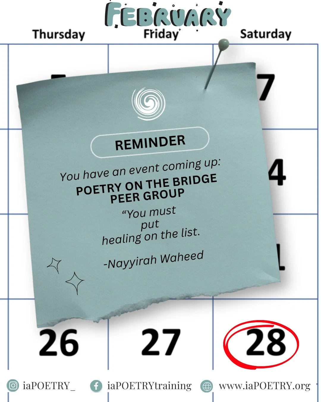 ِA gentle reminder that our monthly Poetry Therapy gathering will take place this Saturday, the 28th, from 1 to 3 pm (US -ET)

The session is facilitated by Debbie-Ann Chambers(@debbieann1978 ), PTP. In this session, participants can expect a gentle,