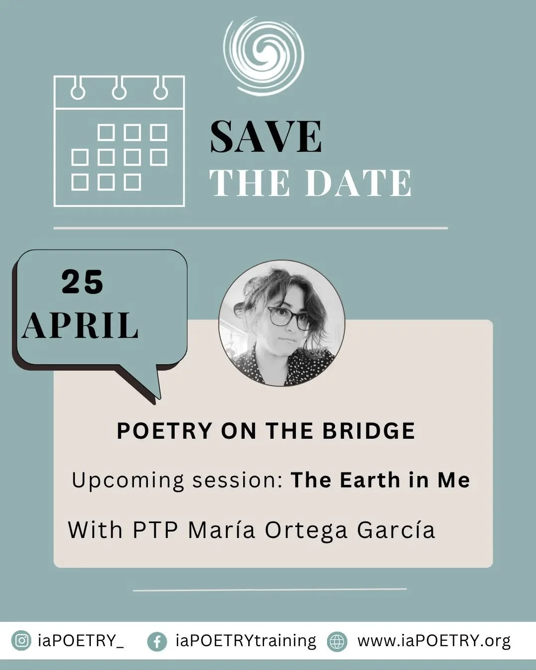 This National Poetry Month,
we return to what grounds us.

Join us @Poetry on the Bridge

April 25
&ldquo;The Earth in Me&rdquo;
with PTP Mar&iacute;a Ortega Garc&iacute;a @maria.ortega.garcia

Save the date.

#nationalpoetrymonth
#poetrytherapyinpra