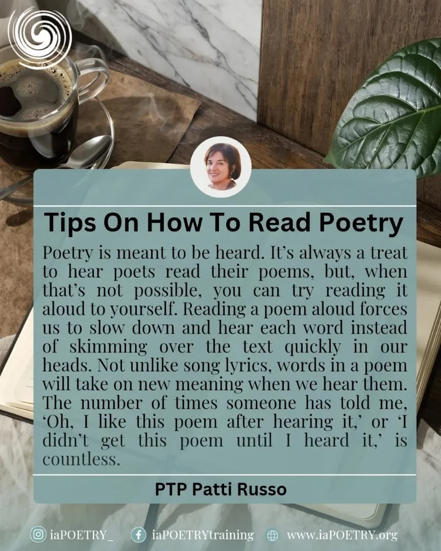As we continue through National Poetry Month 

A gentle reminder from our PTP Patti Russo @pirpoetry :
Poetry is meant to be heard.

Try this today&mdash;read a poem out loud&hellip; and notice what changes.

What do you discover when you hear a poem