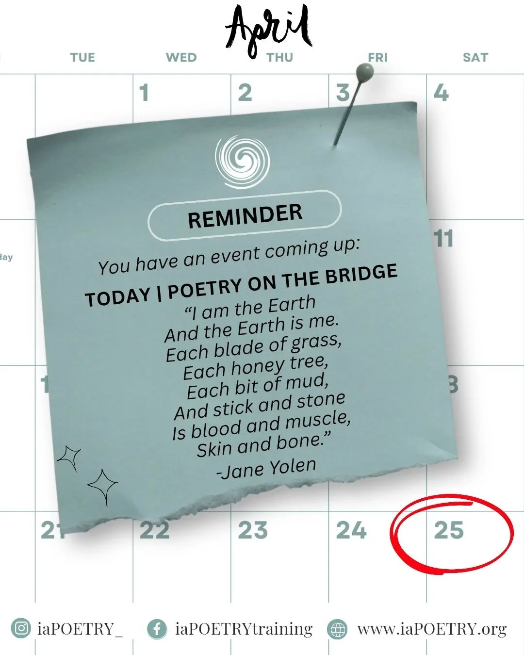 It's today Poetry on the Bridge&nbsp;session- to read and write about our relationship with the Earth and explore our inner landscapes and wild nature facilitated by PTP @maria.ortega.garcia . 

On Wednesday, the 22nd of April, was Earth Day,&nbsp;an