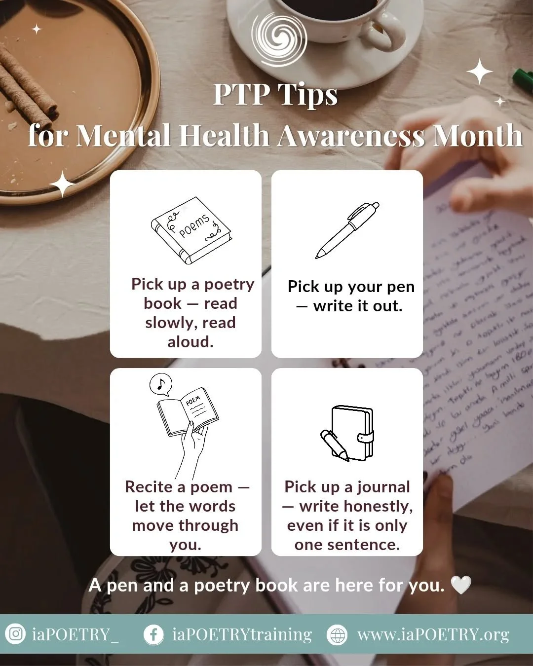 We picked a few gentle tips from our Poetry Therapy Practitioners as a reminder of ways to care for our mental health -

Poetry and expressive writing can create space for reflection, connection, and emotional release.

#MentalHealthAwarenessMonth #P