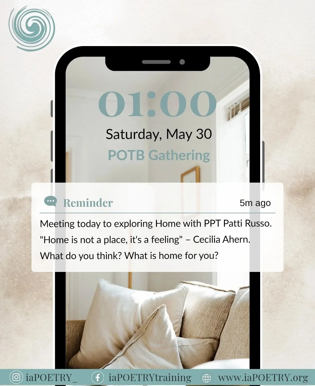 Today at 1:00&ndash;3:00 PM (EDT) 🌿

Join us for POTB as we read, write, and explore the theme of Home.

What does home mean to you today?

We look forward to discovering where the poems, prompts, and your own words may lead.

Share a thought with u