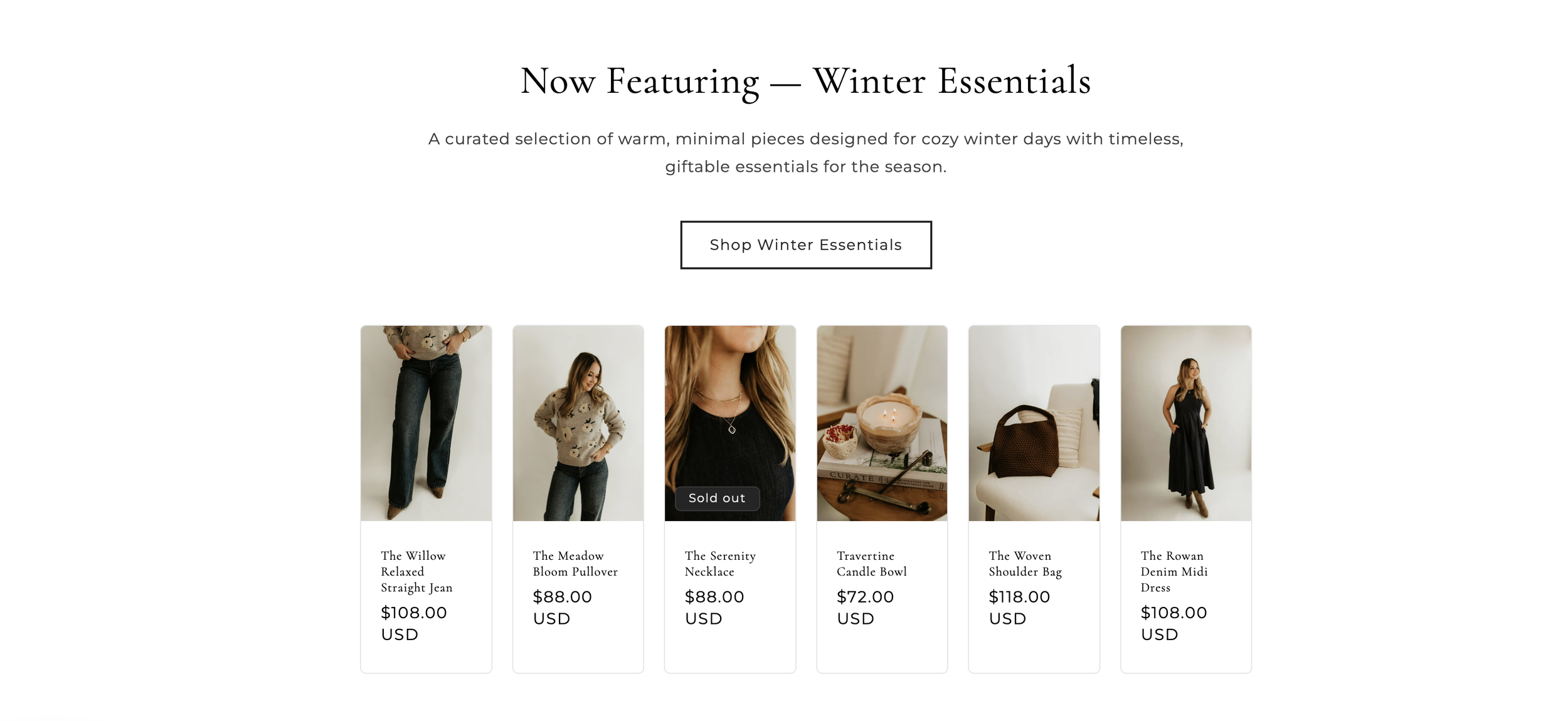 screen shot of she homepage section showing now featuring products with links to each product