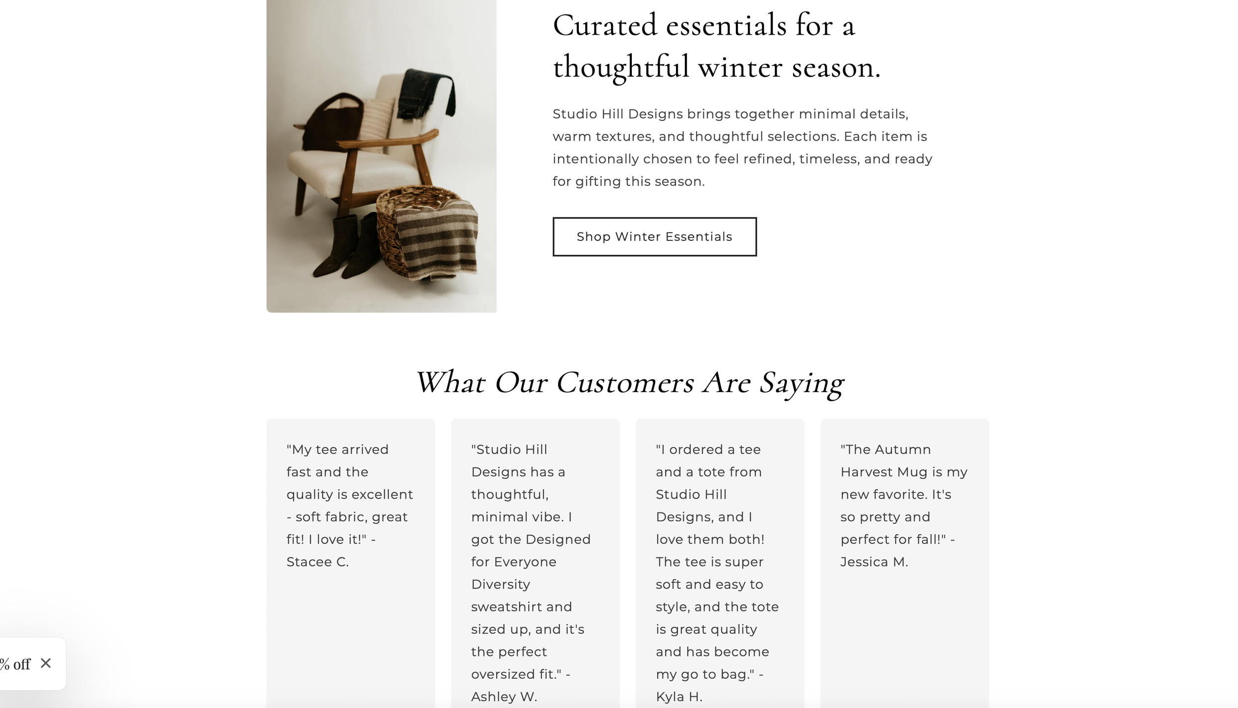 screen shot of studio hill designs testimonial section showing 4 real client testimonials with positive product reviews.