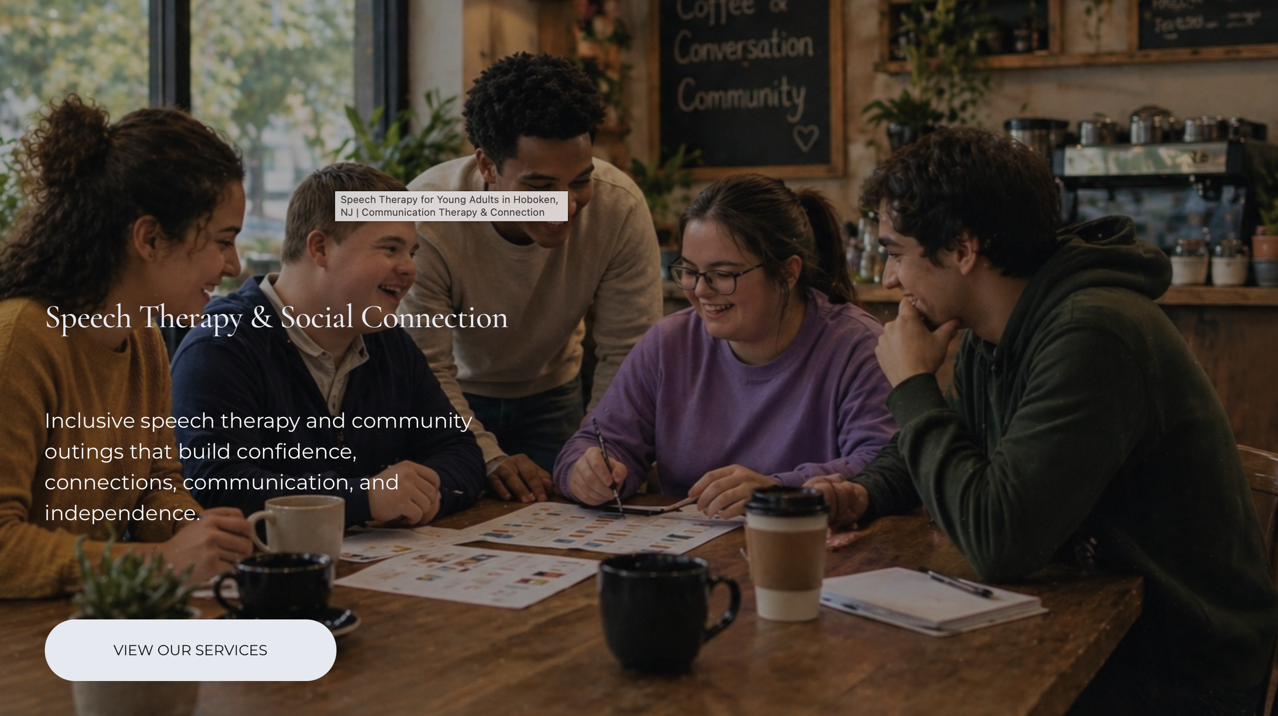 Hero section for a speech pathology practice showing the view our services button with a heading and subtext. Background image shows a group of diverse individuals gathered together to work on speech therapy skills.