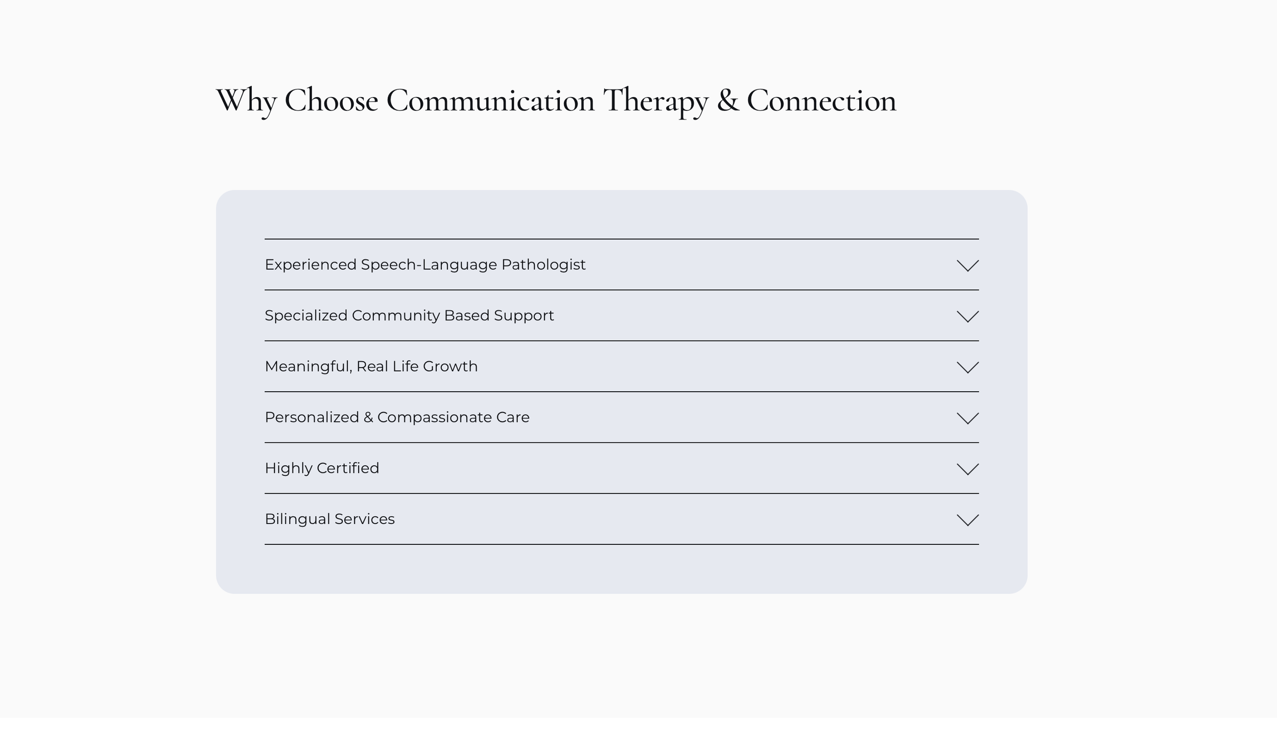 Why Choose Communication Therapy & Connection section on a one page website home page designed by Studio Hill Media.
