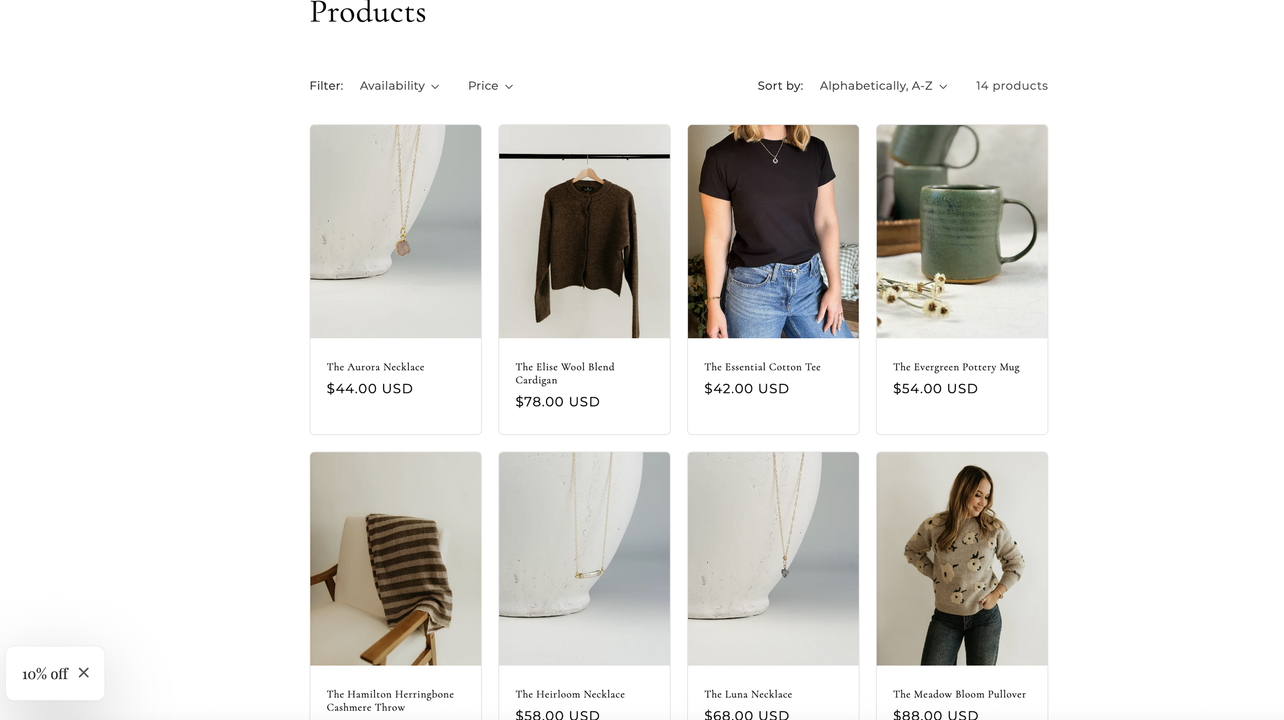 screen shot of studio hill designs full product gallery collection showing each product, title, price, and clickable links for each product.