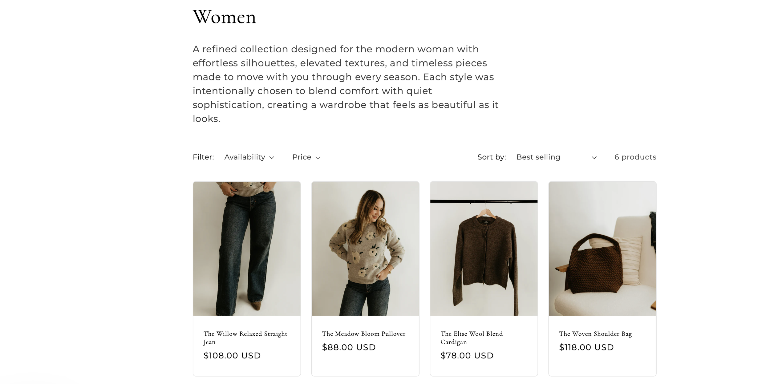 screen shot showcasing studio hill designs women collection with description of the collection, products, and clickable links to each product.