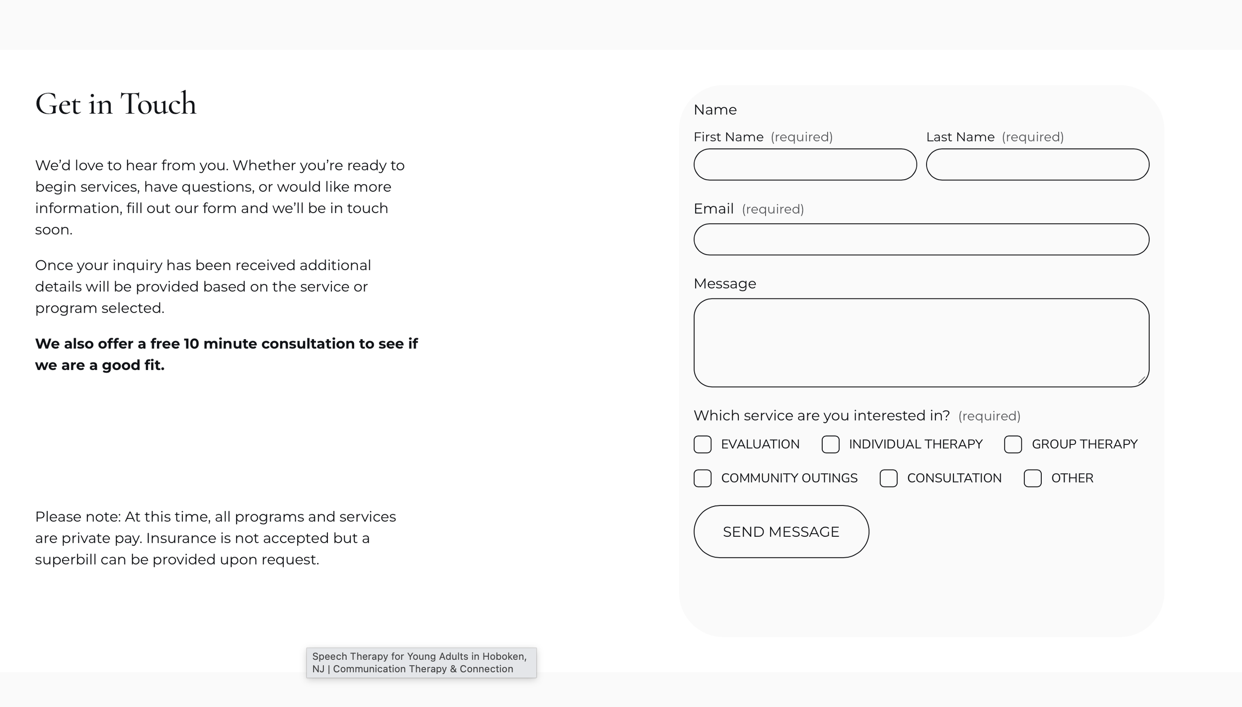 Contact section for a one page website developed by Studio Hill Media showing how to get in touch with a contact form.