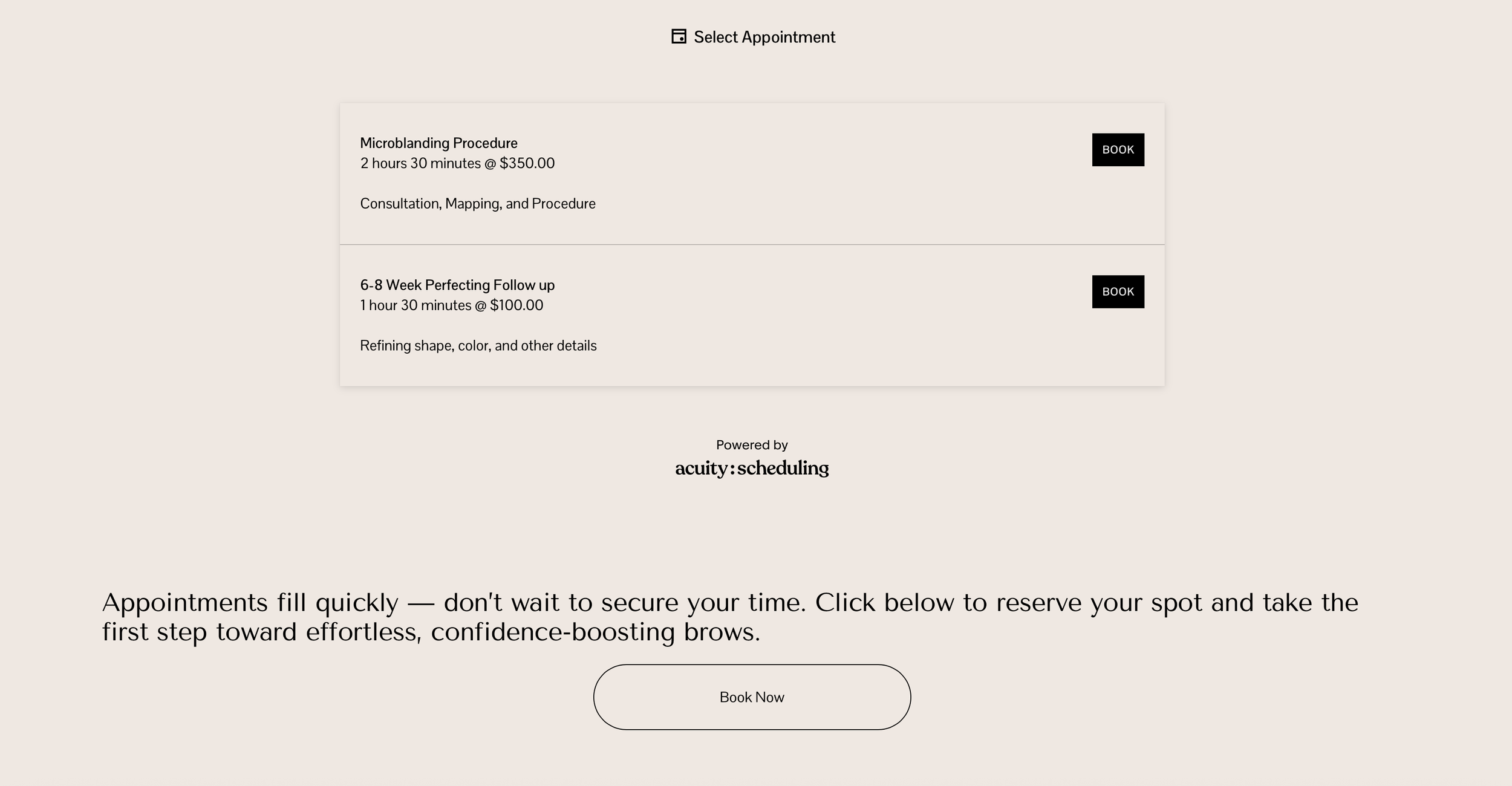 bladed and blushed booking page screen shot showing acuity scheduling booking set up.