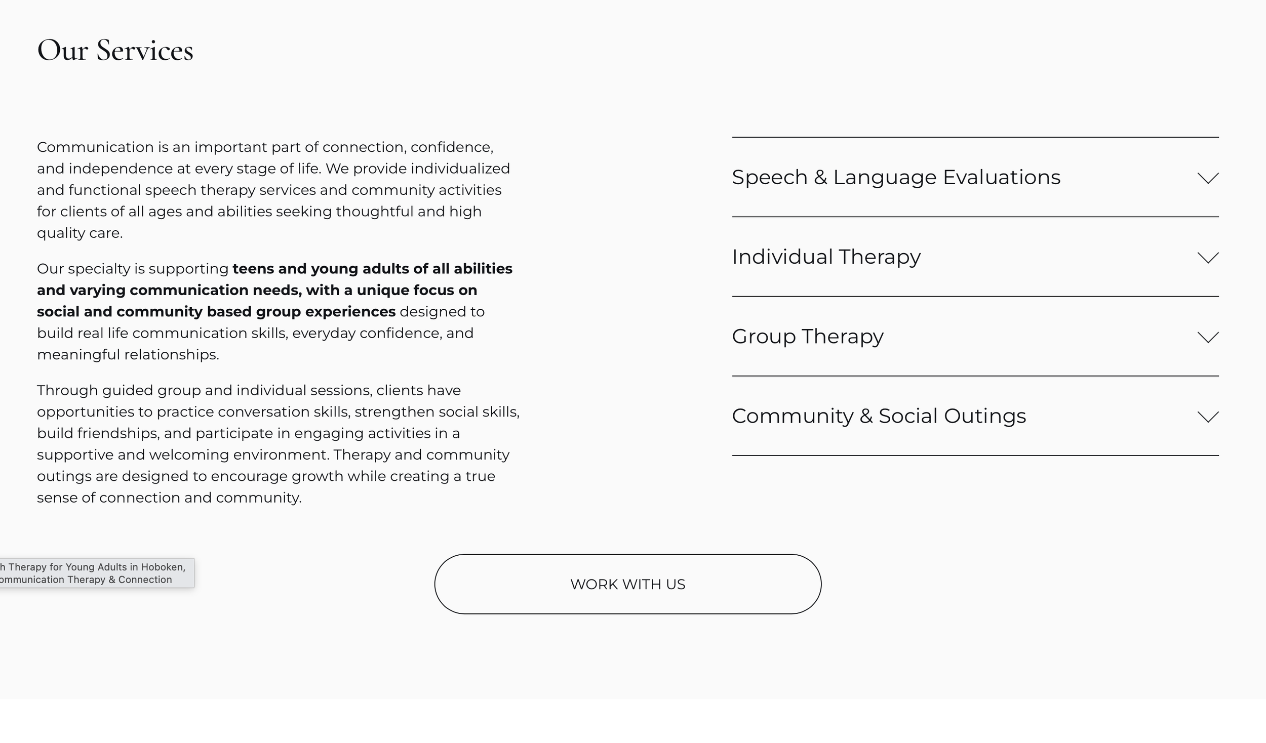 Services section for a one page website design for a speech pathology practice designed by Studio Hill Media.