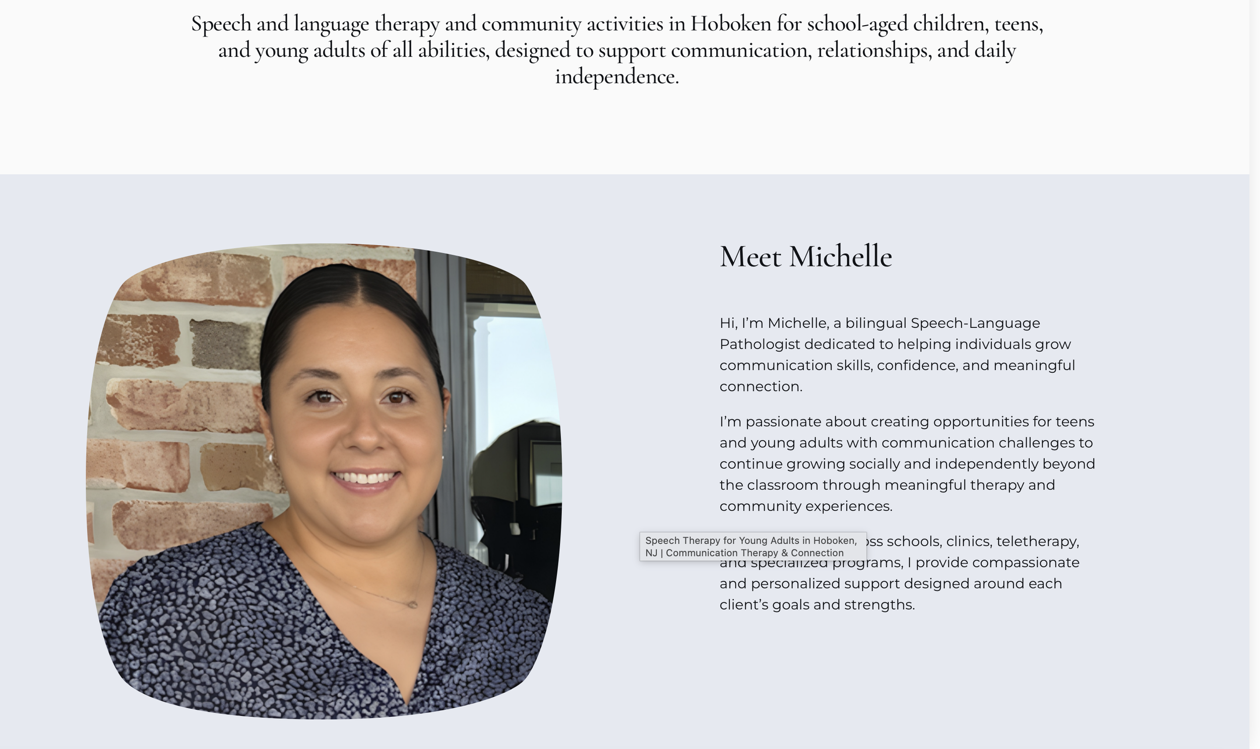 About section of a one page website designed by Studio Hill Media for a speech pathology practice.