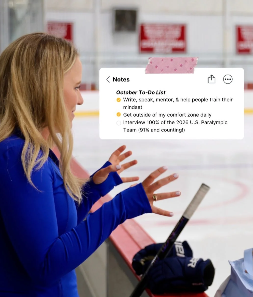 A little October life update 📝

Helping others train their mindset, getting outside my comfort zone every day, and working toward interviewing 100% of the 2026 U.S. Paralympic Team: 91% and counting!!

It takes a village (bullet #3 is quite literall