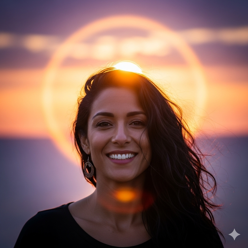 A woman with long dark hair and earrings smiling at sunset with the sun directly behind her head creating a halo effect.