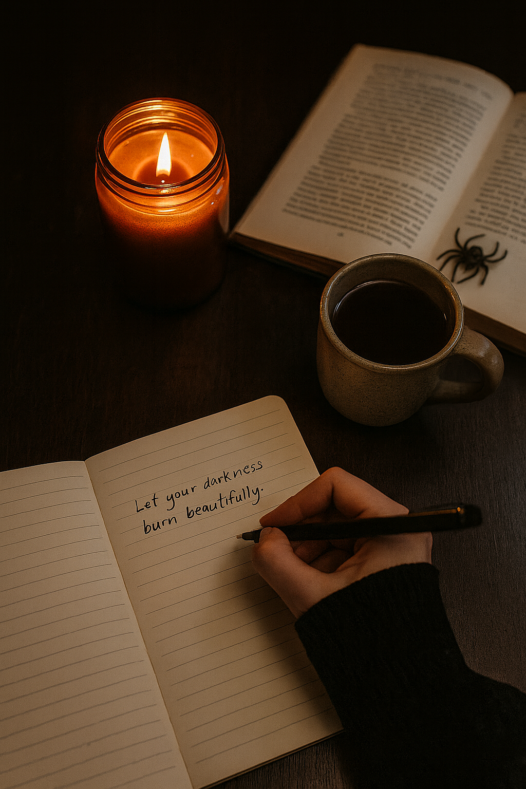 A person writing in a notebook with a quote that says, 'Let your darkness burn beautifully.' on a dark wooden table with a lit candle, an open book with a spider illustration, and a cup of coffee.