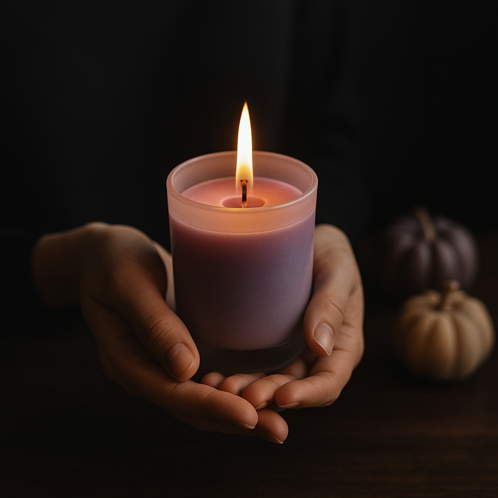 A person holding a lit pink candle in a glass jar with two small pumpkins in the background.