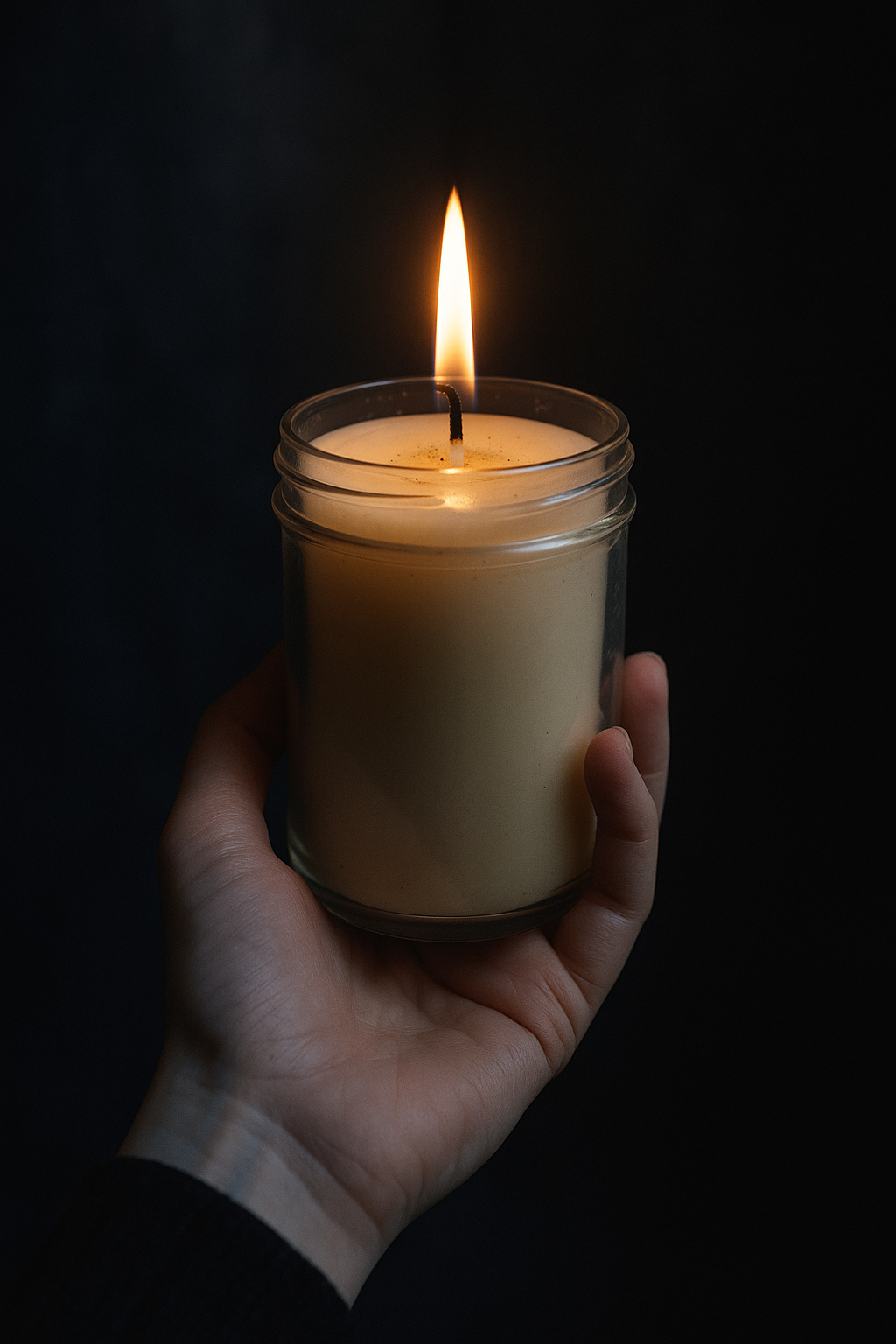 A lit white candle in a glass jar held in a person's hand against a dark background.