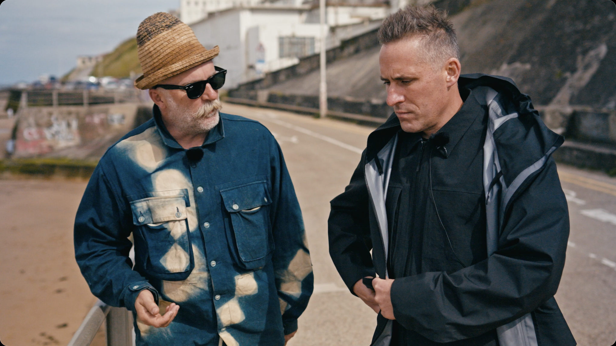 BISON on-location podcast shoot, two men on a coastal road, Endless Vital Activity series