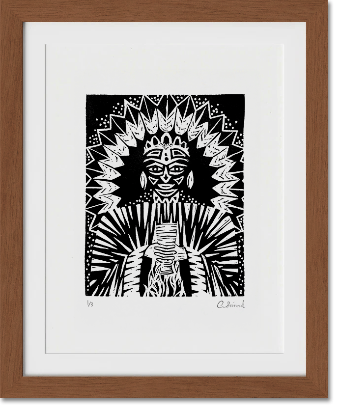 Black and white art print of a tribal face paint, holding a glass, surrounded by a radiant, decorative crown or headdress, framed in wood.