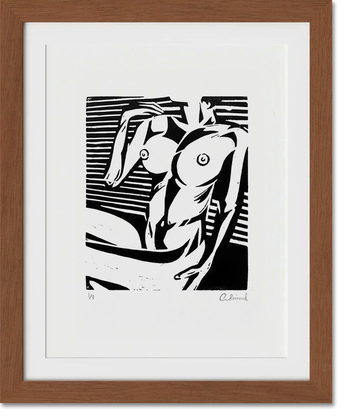 Black and white linocut print of a nude woman sitting with her eyes closed, surrounded by horizontal lines, framed in wood.